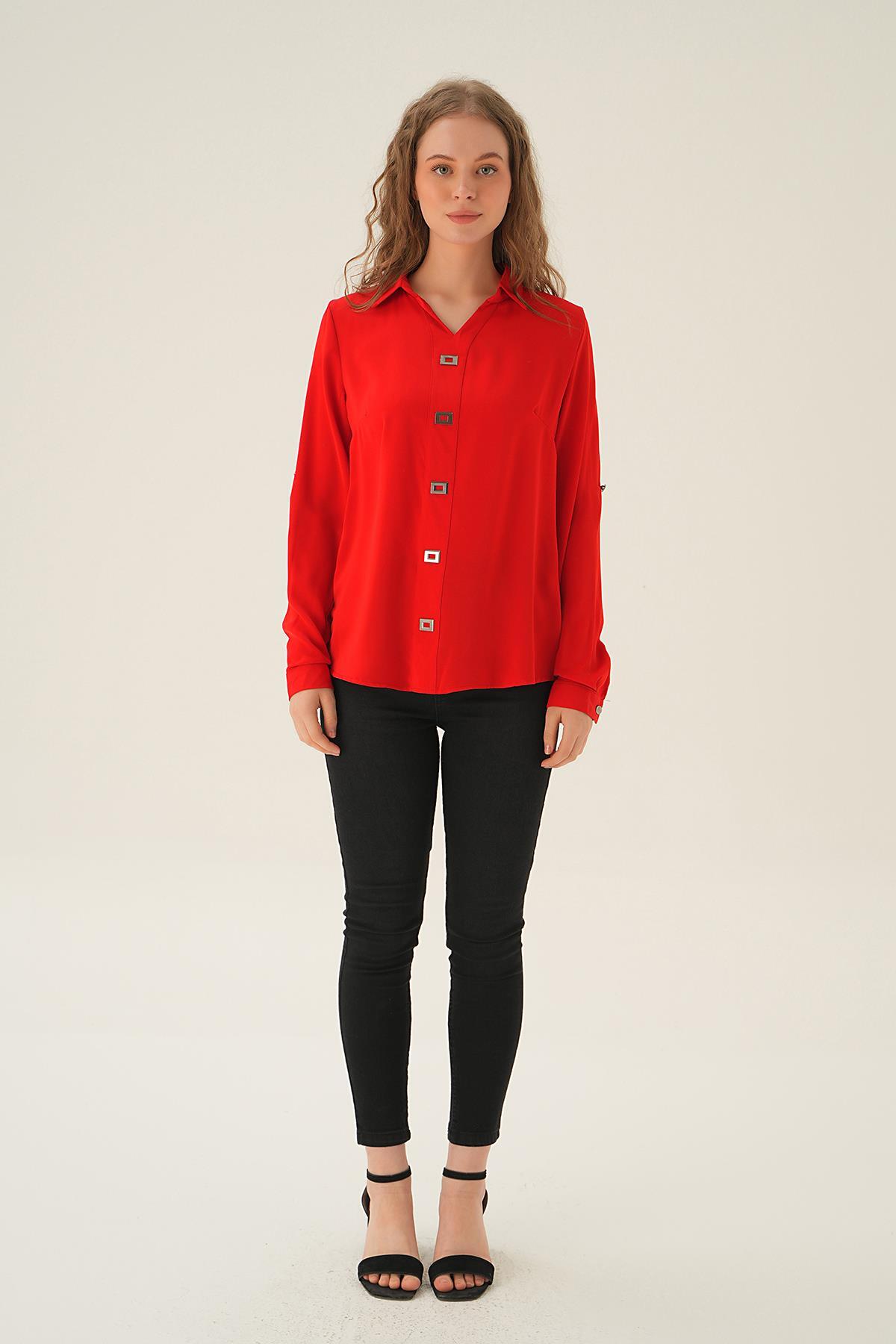 25538 Polo Yaka Düğme Detay Tunik Kırmızı - 5