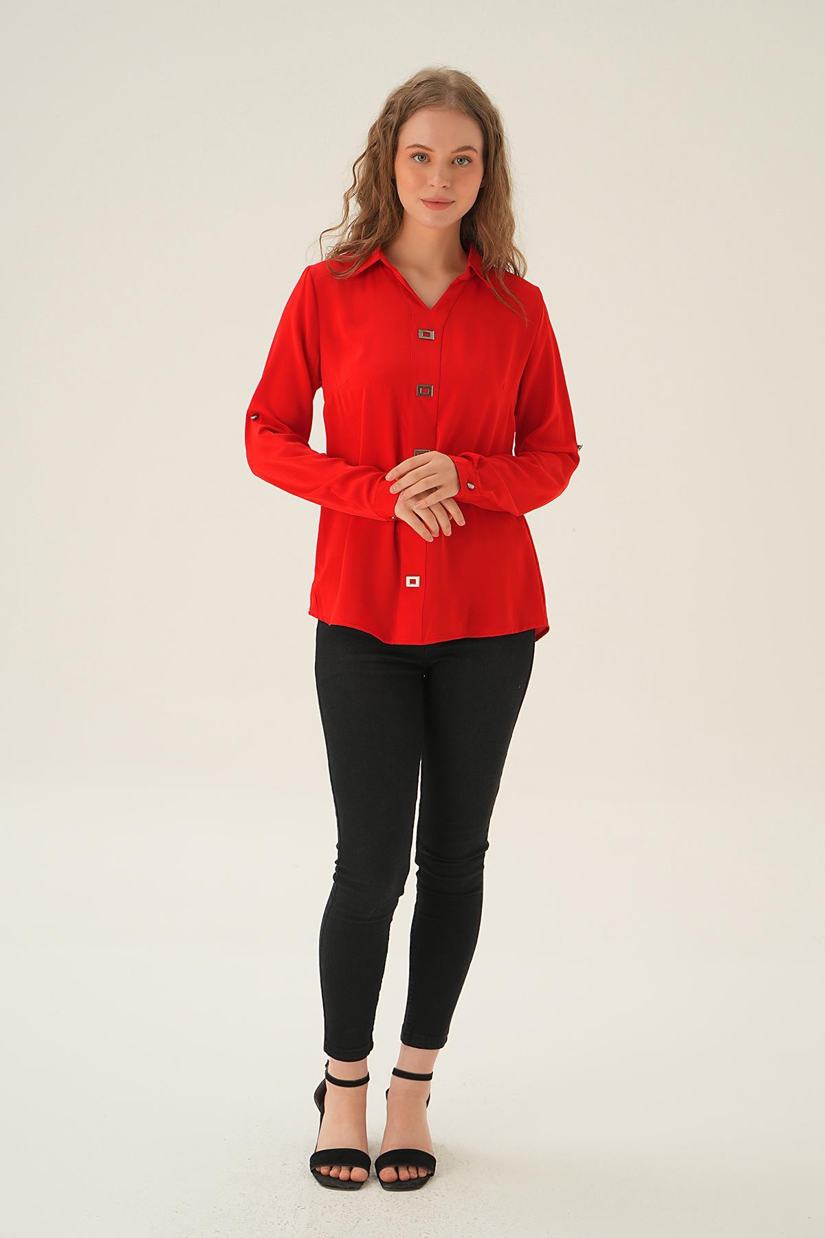 Kırmızı Polo Yaka Düğme Detay Tunik 25538 - 6