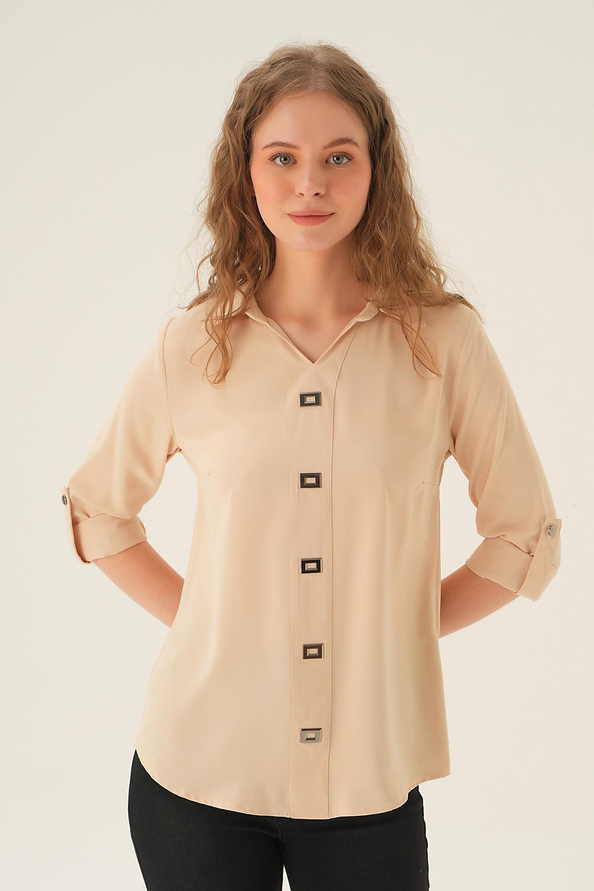 25538 Polo Yaka Düğme Detay Tunik Krem 