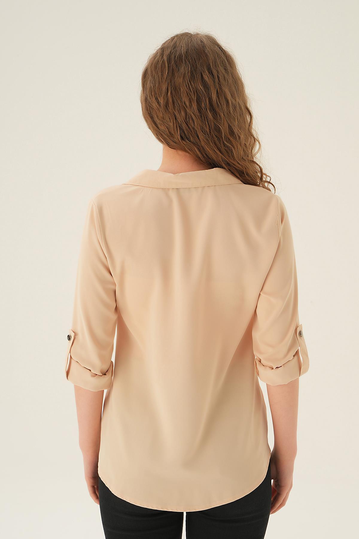 25538 Polo Yaka Düğme Detay Tunik Krem - 3