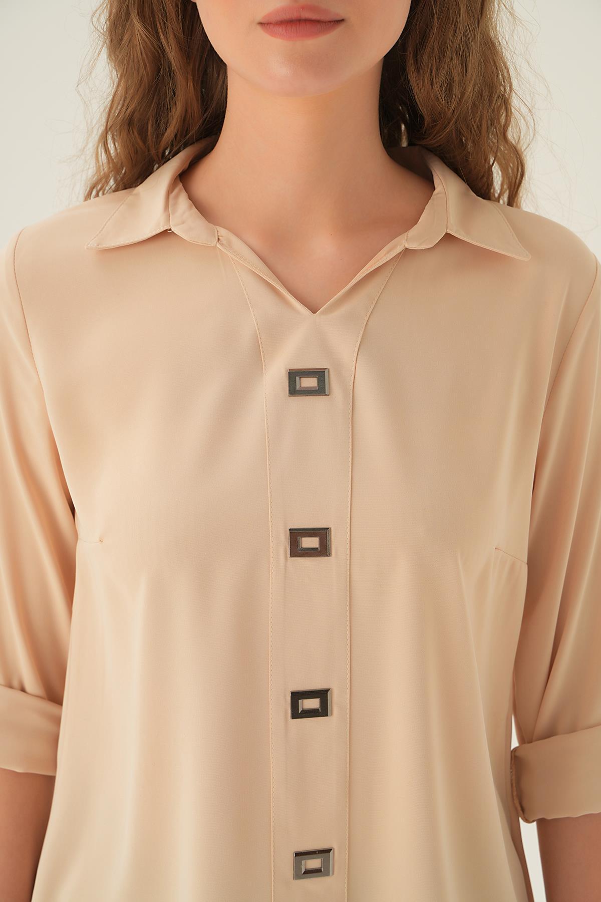 25538 Polo Yaka Düğme Detay Tunik Krem - 4