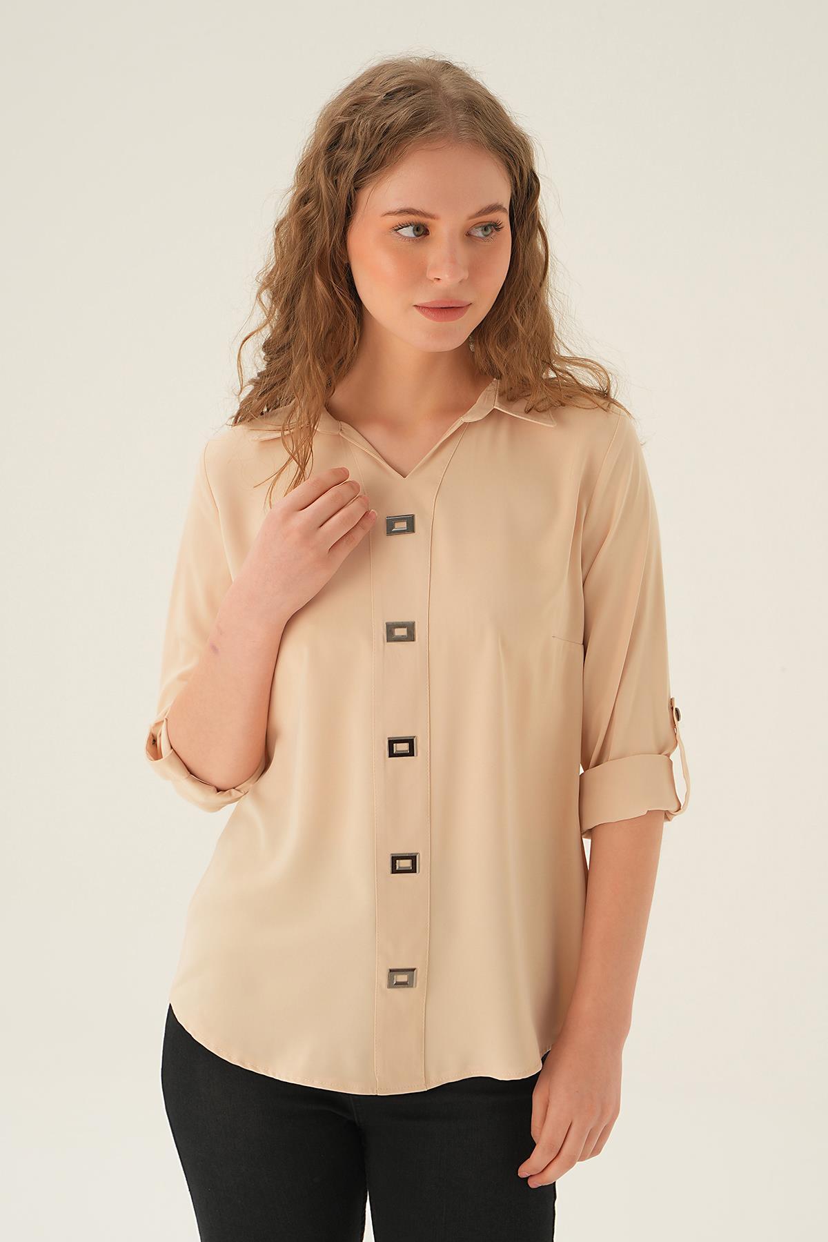 Krem Polo Yaka Düğme Detay Tunik 25538 - 2