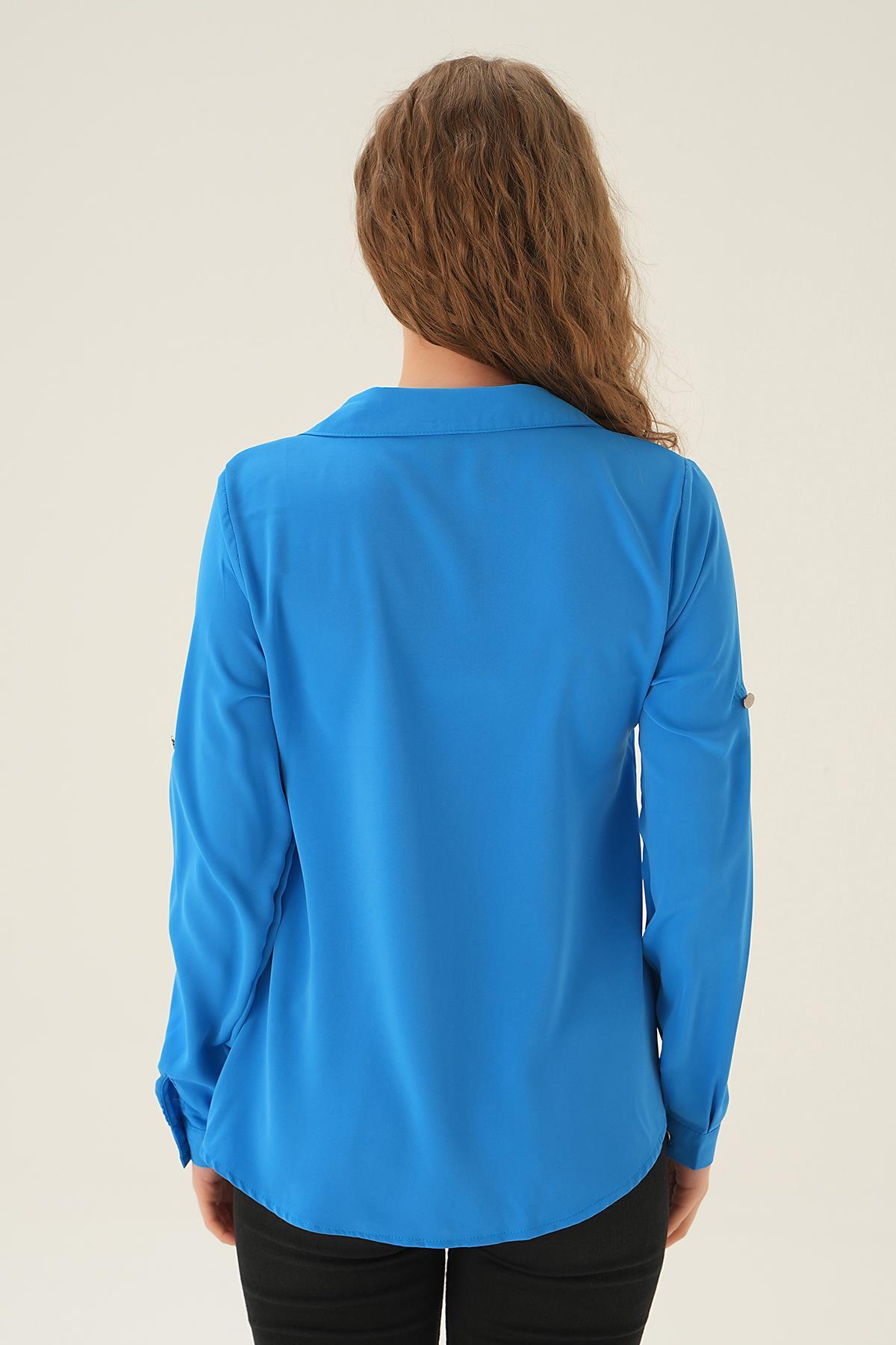 25538 Polo Yaka Düğme Detay Tunik Mavi - 2