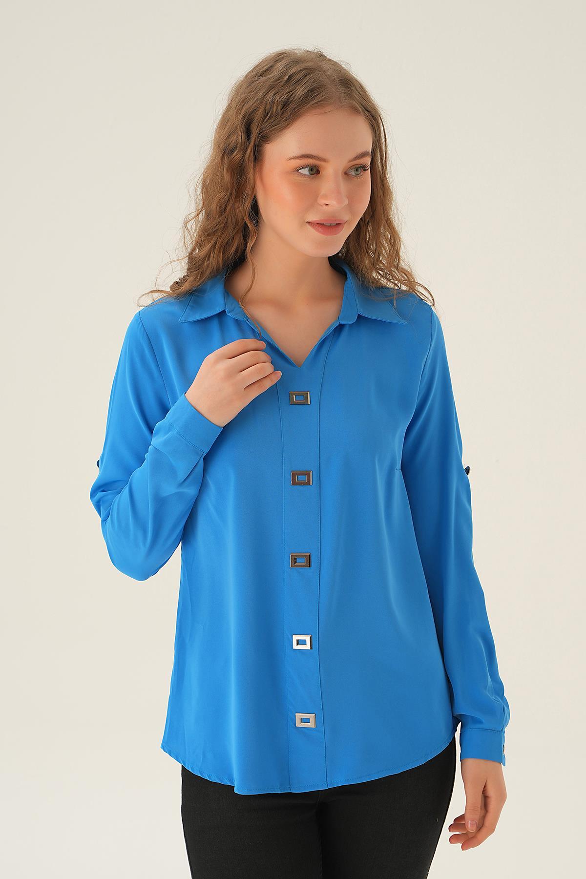 25538 Polo Yaka Düğme Detay Tunik Mavi - 6