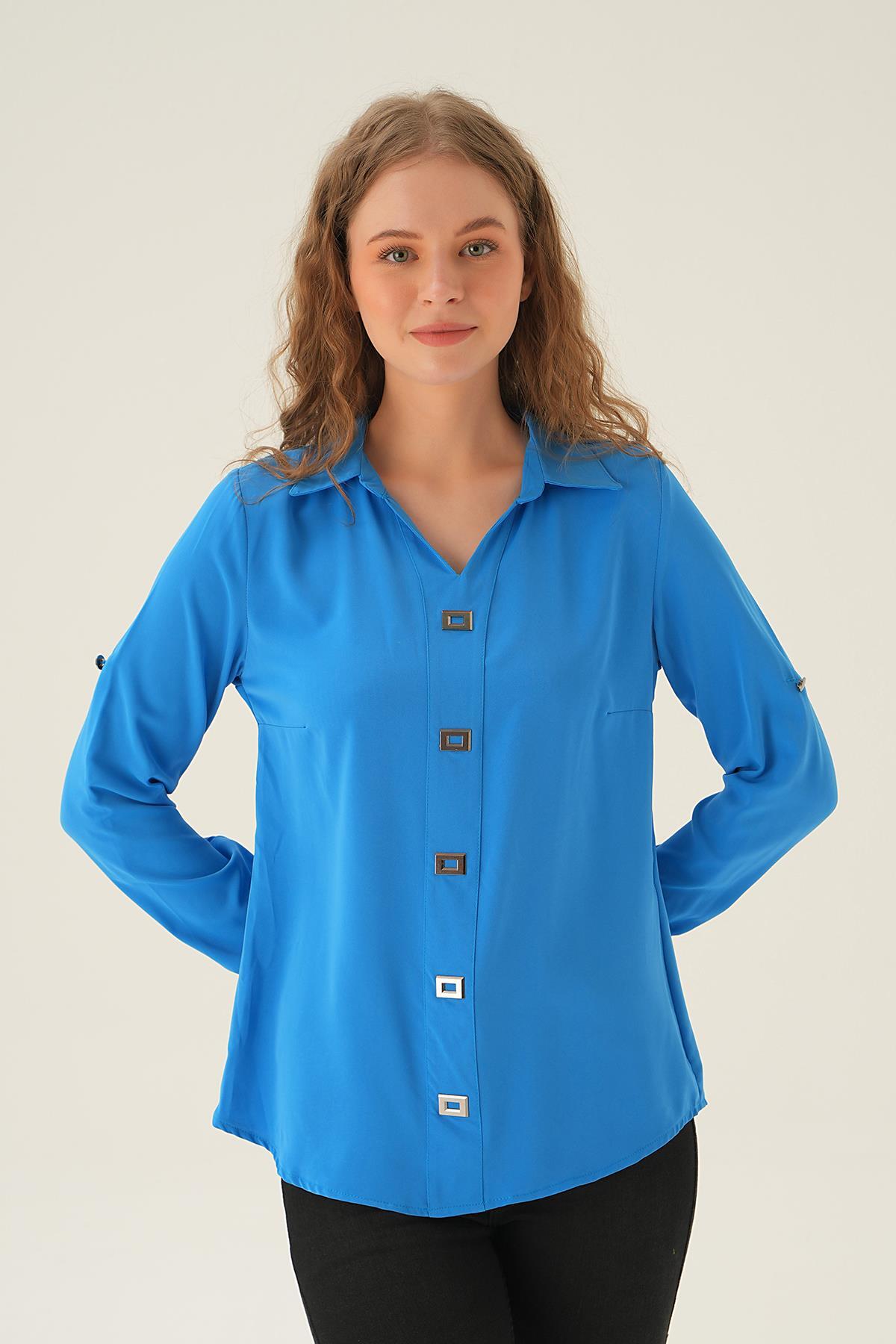 Mavi Polo Yaka Düğme Detay Tunik 25538 