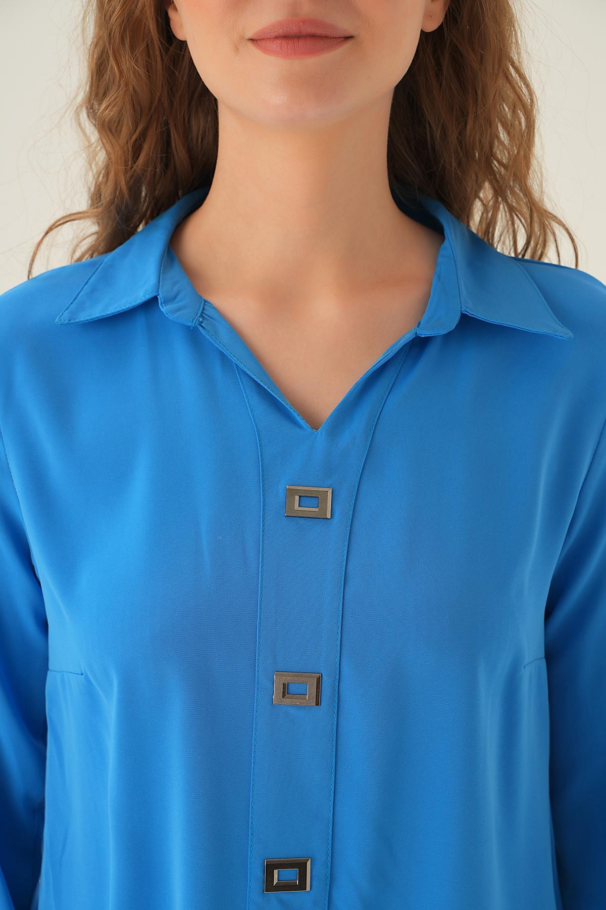 Mavi Polo Yaka Düğme Detay Tunik 25538 - 3