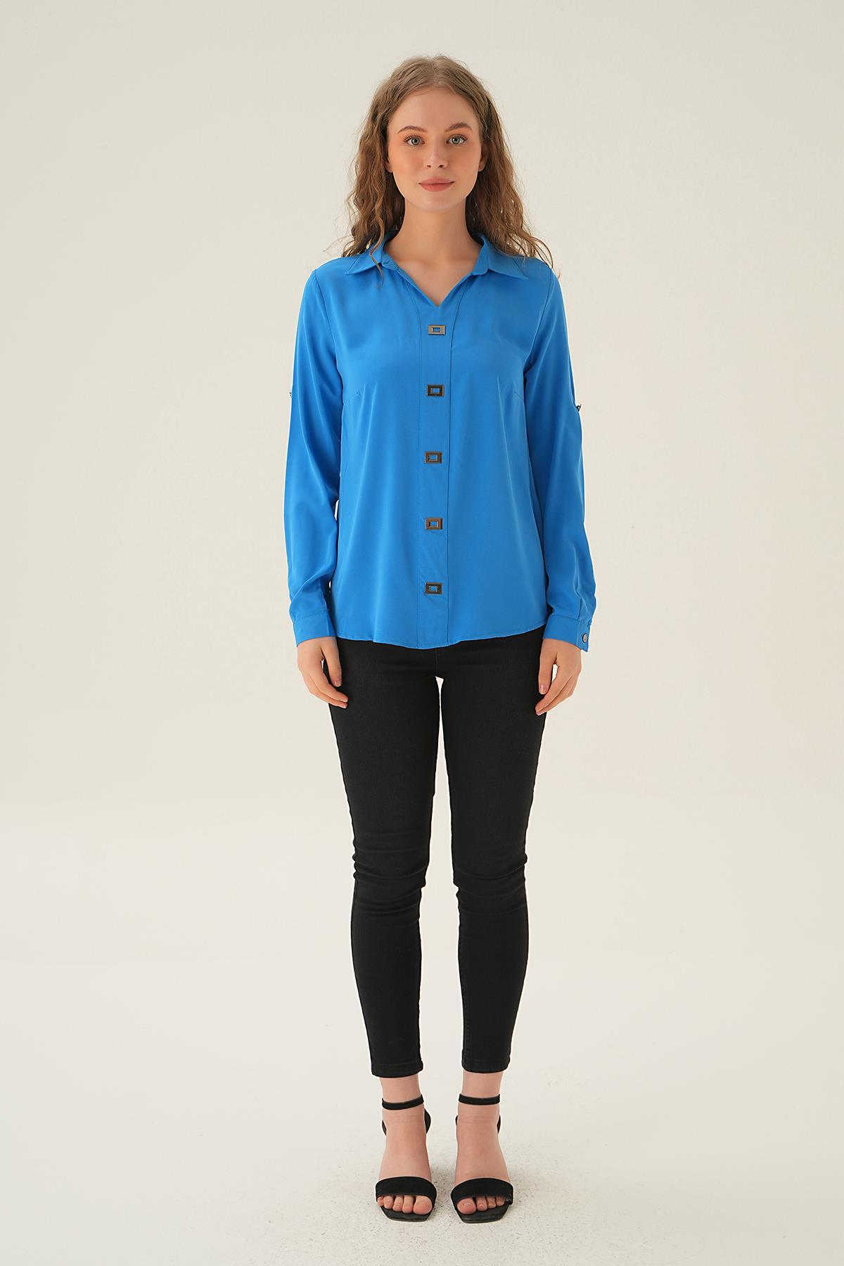 Mavi Polo Yaka Düğme Detay Tunik 25538 - 4