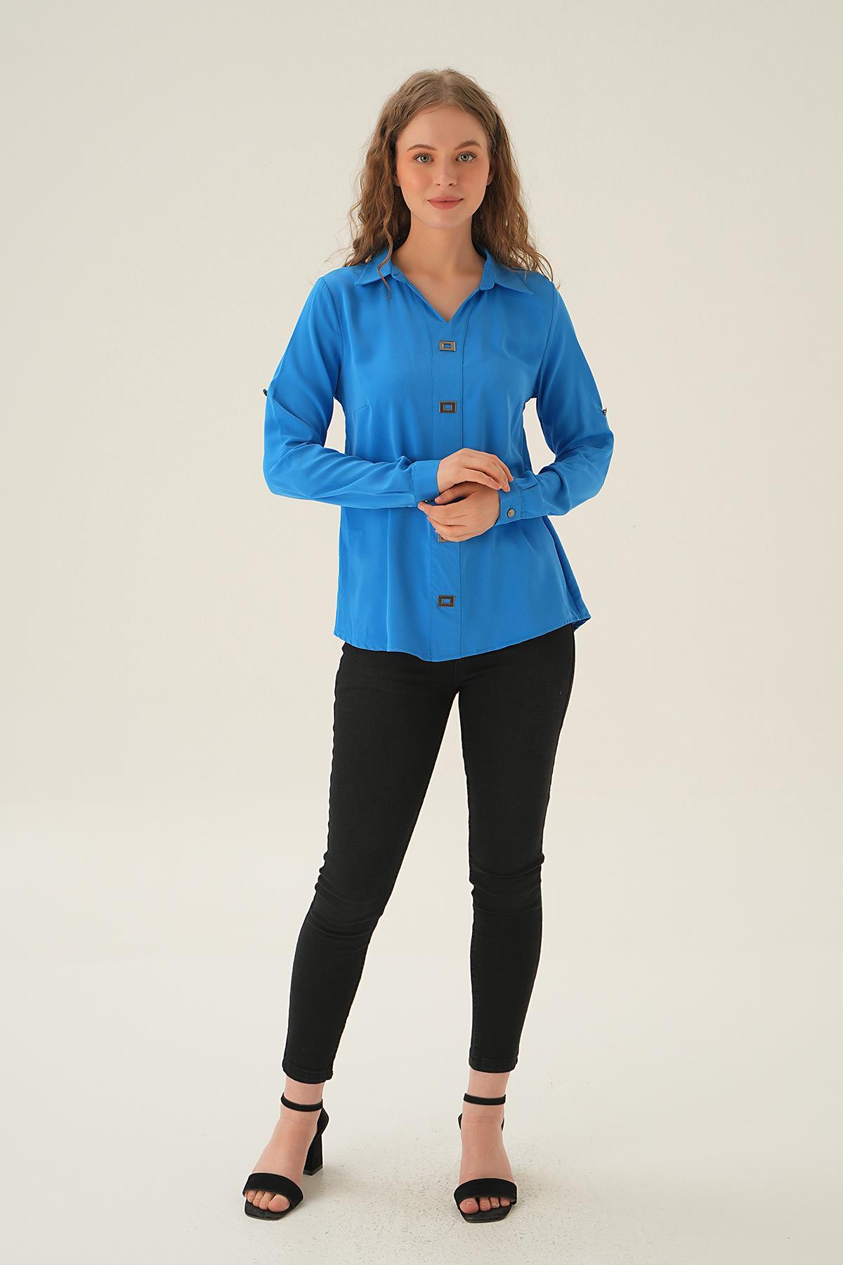 Mavi Polo Yaka Düğme Detay Tunik 25538 - 5