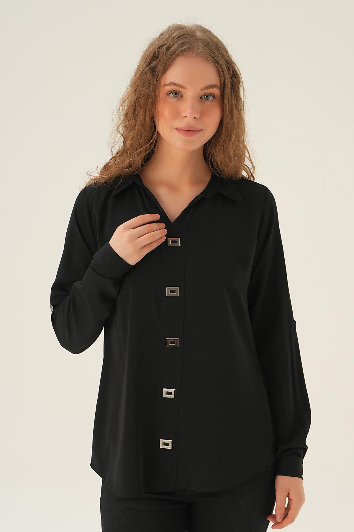 25538 Polo Yaka Düğme Detay Tunik Siyah 