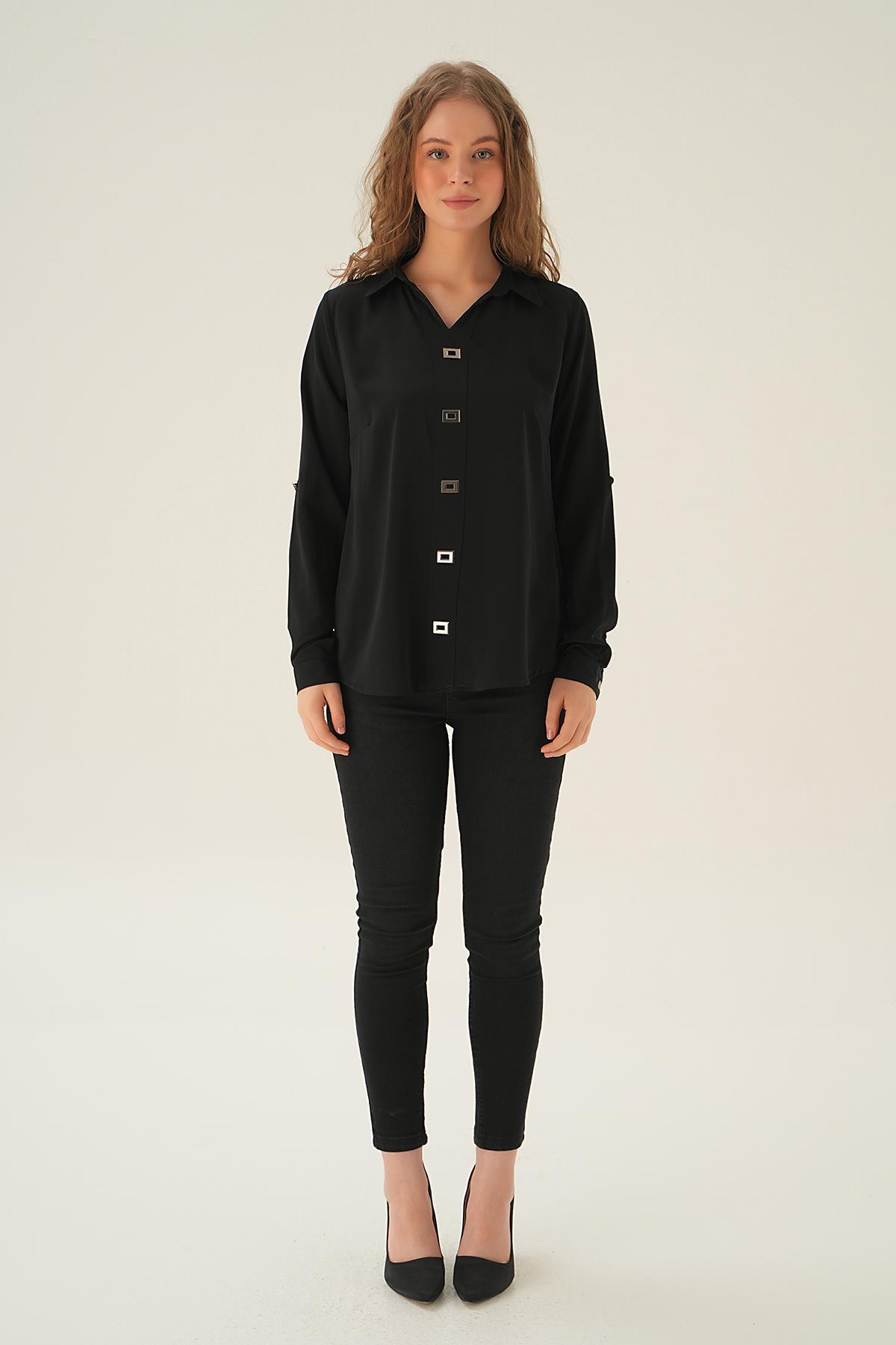25538 Polo Yaka Düğme Detay Tunik Siyah - 5
