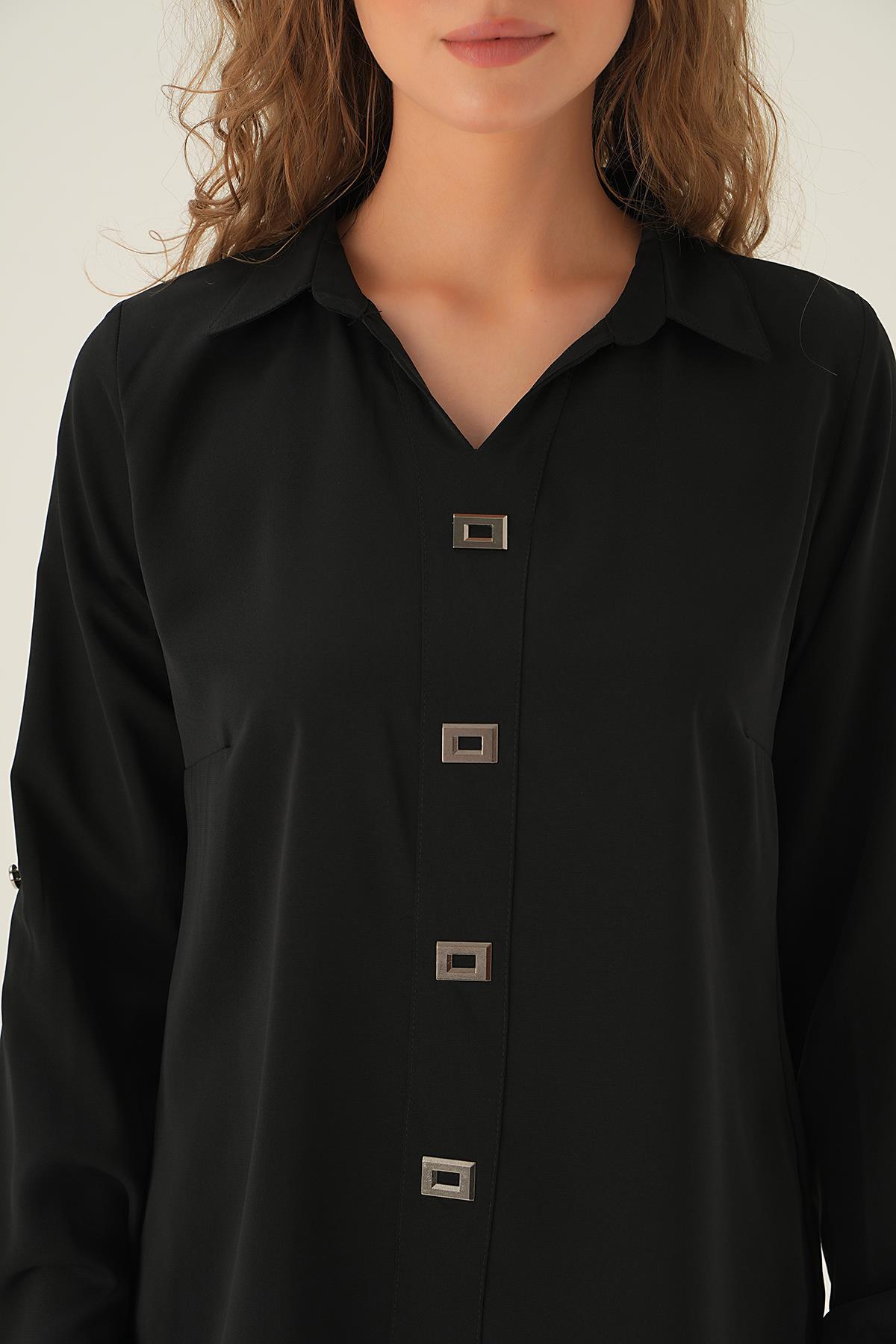 25538 Polo Yaka Düğme Detay Tunik Siyah - 4