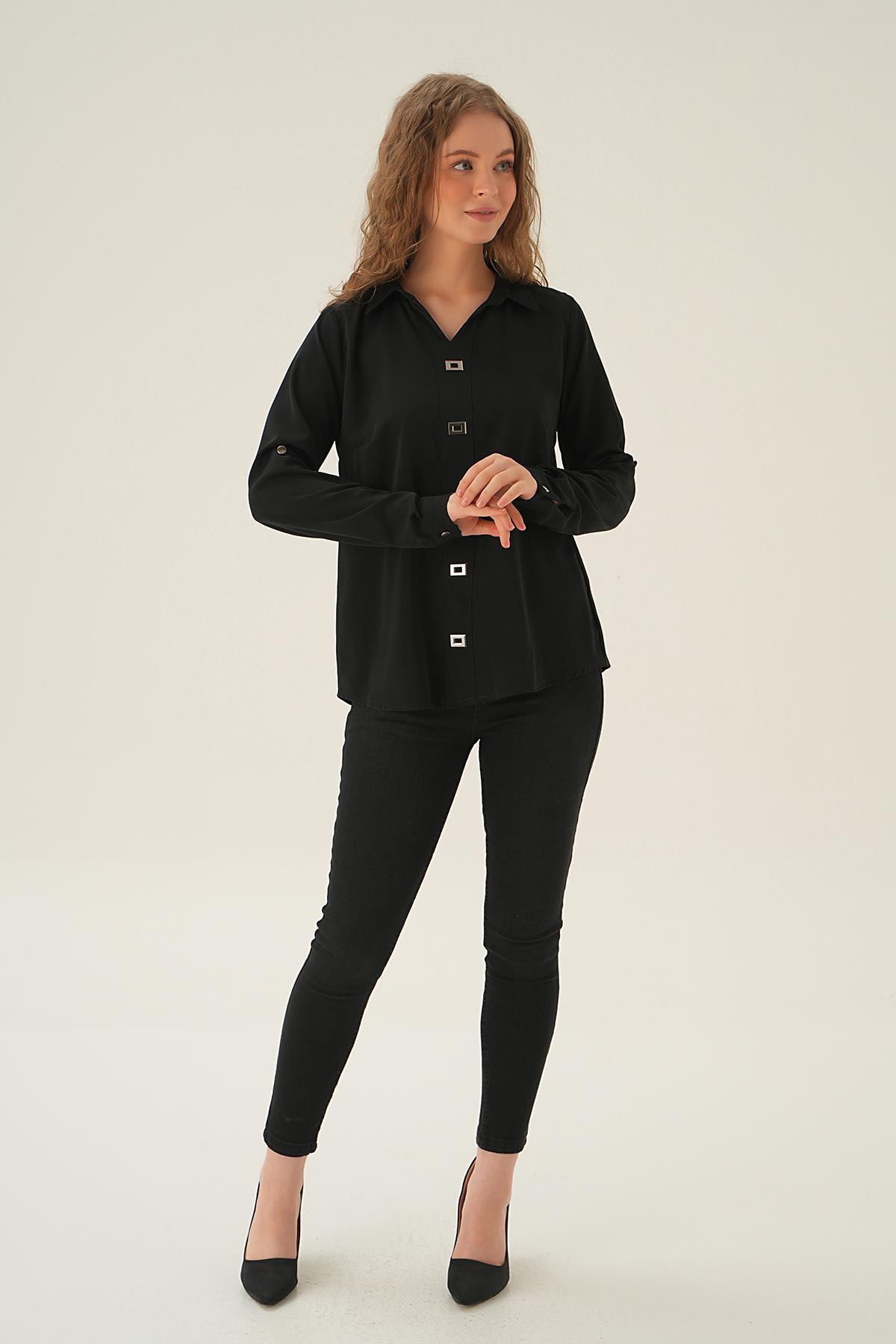 25538 Polo Yaka Düğme Detay Tunik Siyah - 6