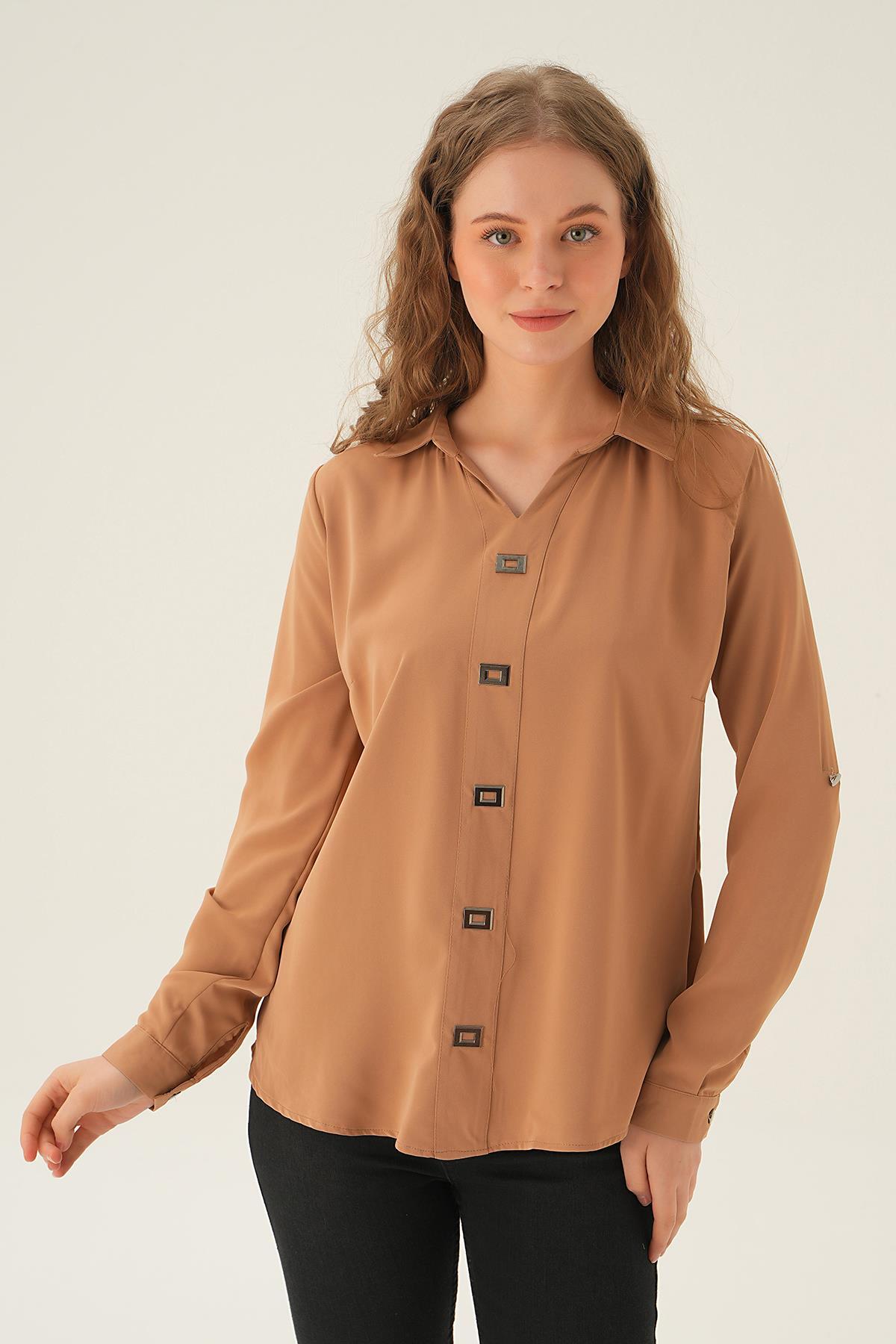 25538 Polo Yaka Düğme Detay Tunik Vizon - 1