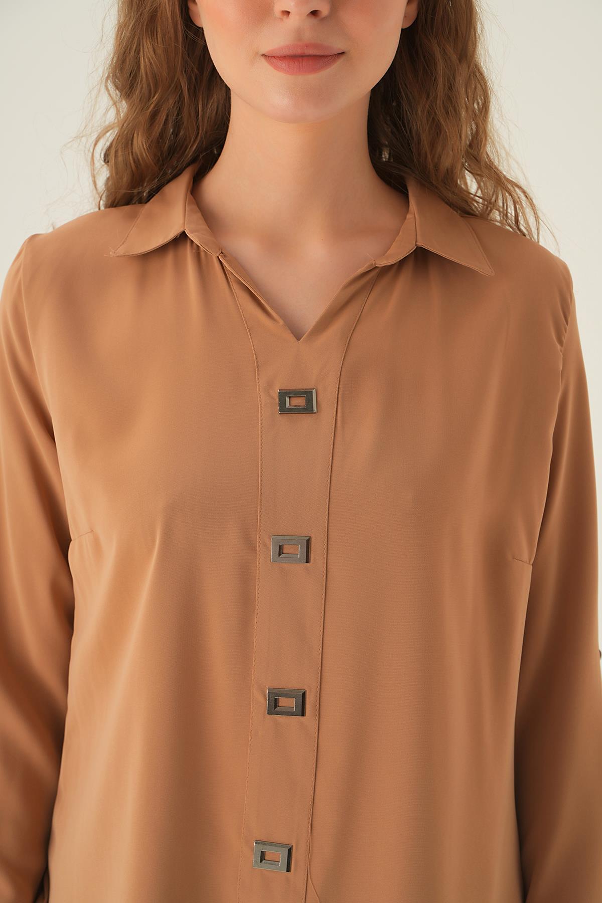 25538 Polo Yaka Düğme Detay Tunik Vizon - 3