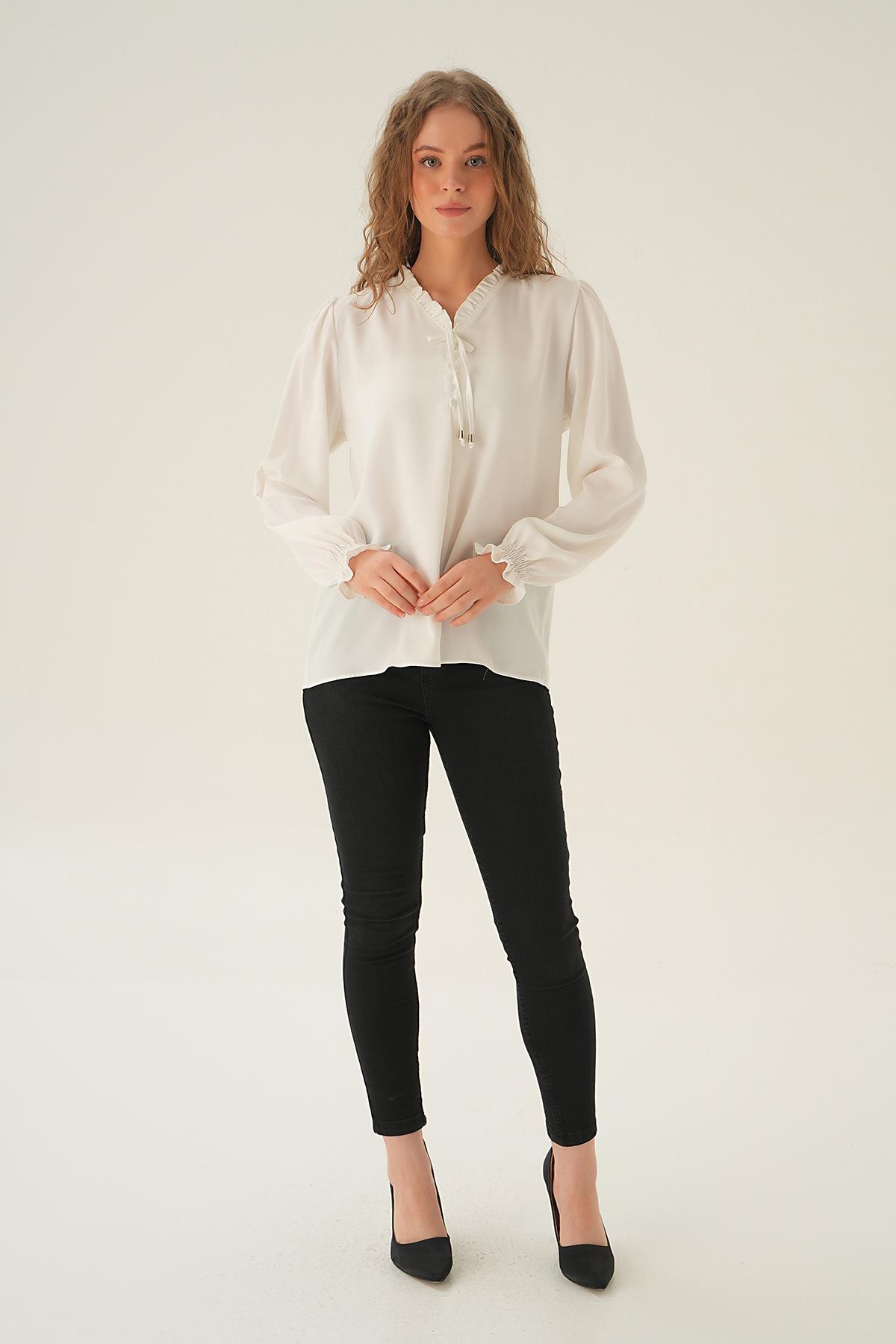 25541 Yaka Bağlamalı Bluz Krem - 6