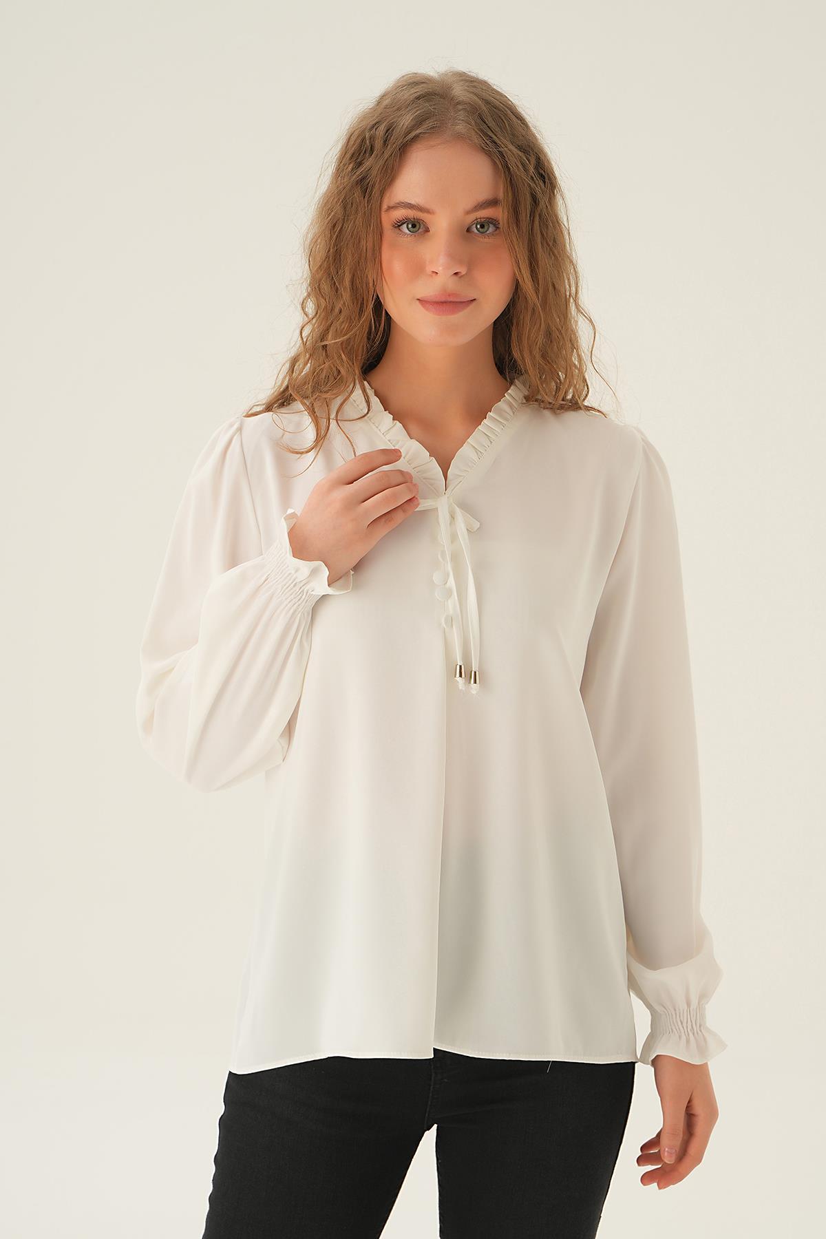 Krem Yaka Bağlamalı Bluz 25541 - 2