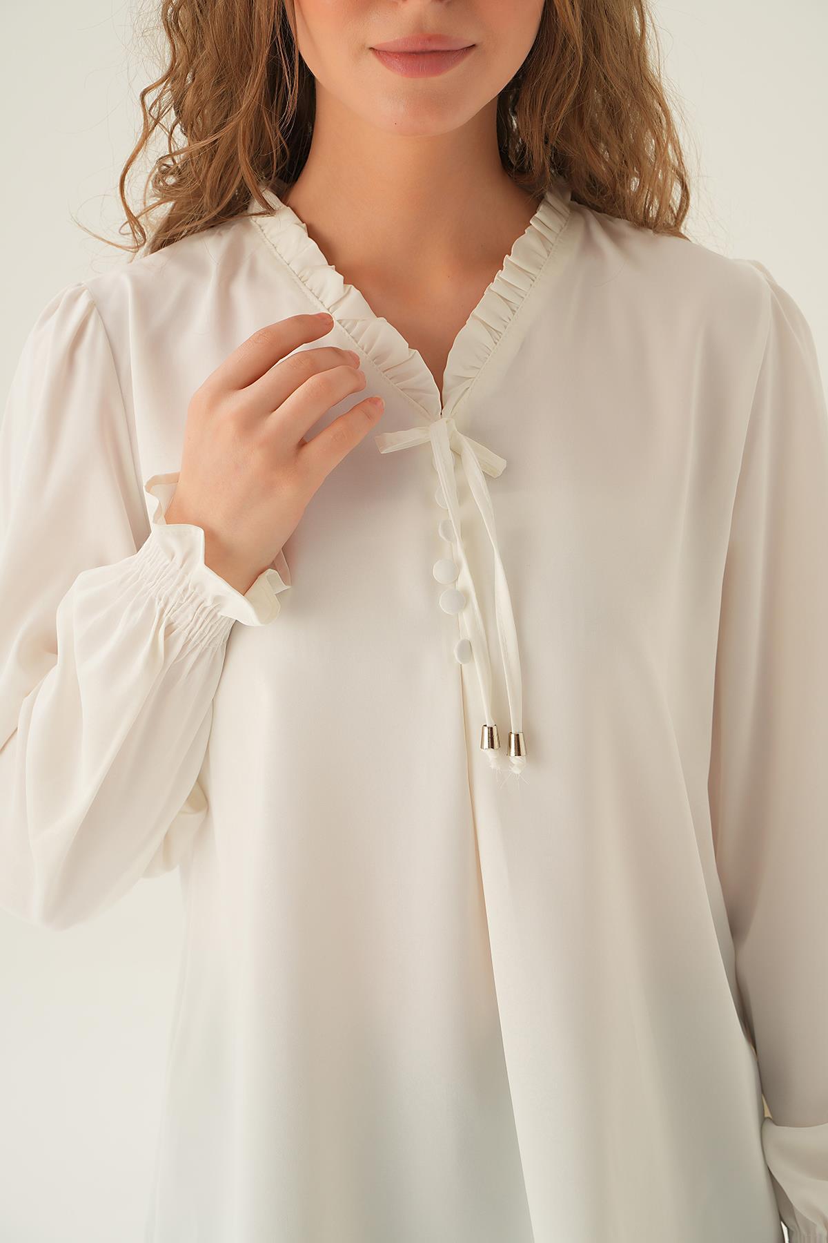 Krem Yaka Bağlamalı Bluz 25541 - 4