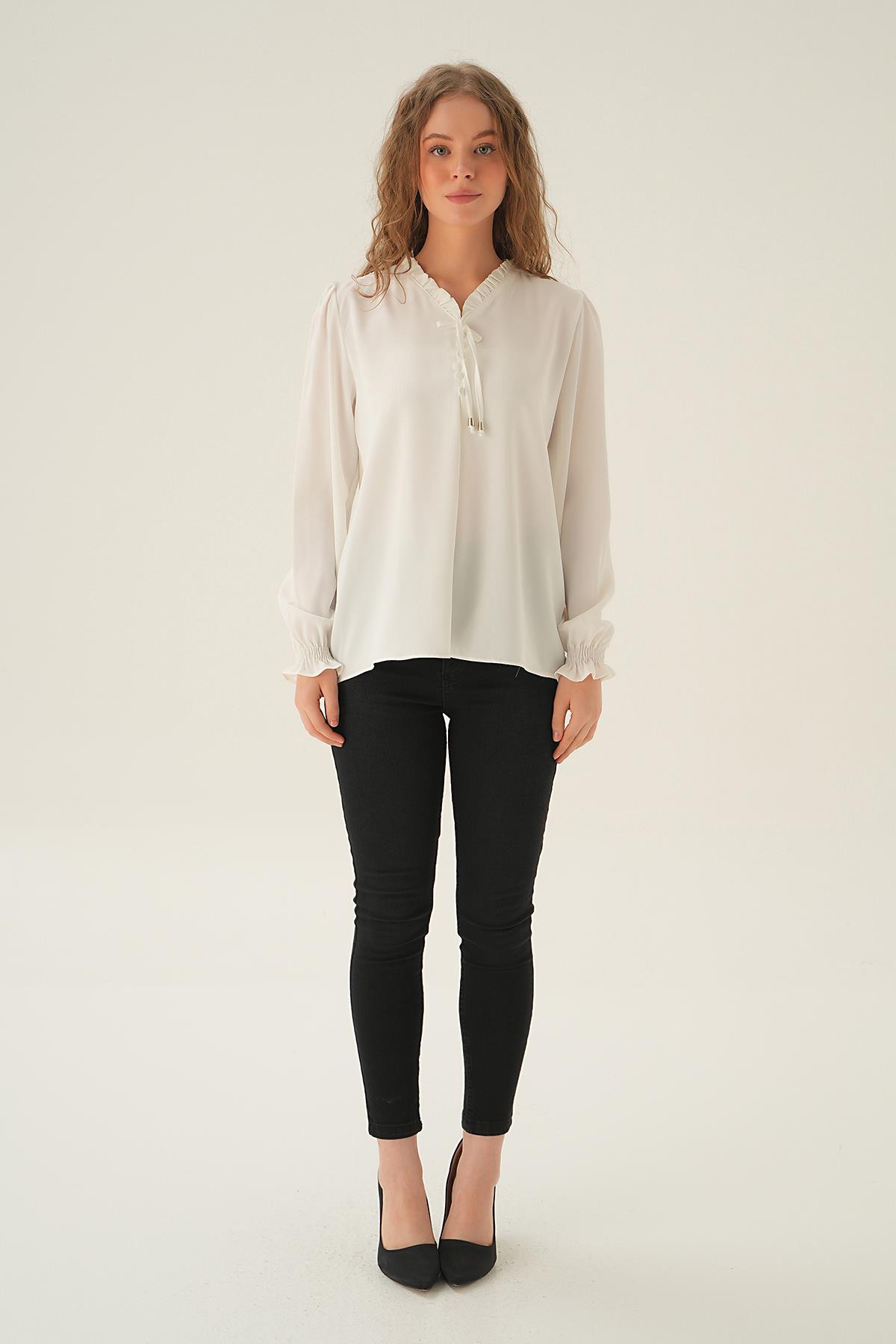 Krem Yaka Bağlamalı Bluz 25541 - 5