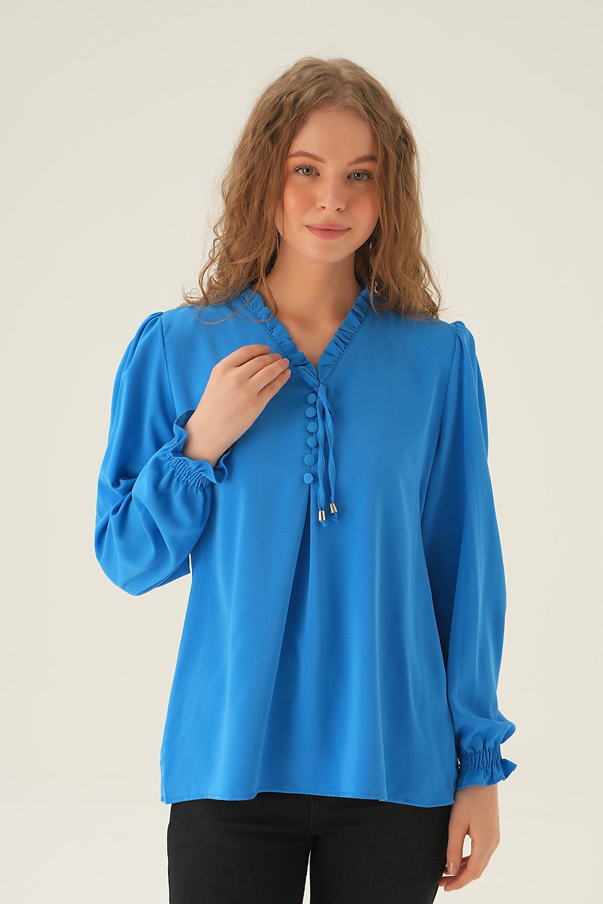 25541 Yaka Bağlamalı Bluz Mavi - 1