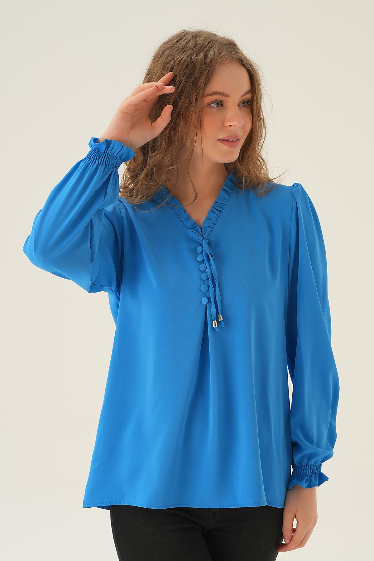 25541 Yaka Bağlamalı Bluz Mavi - 2