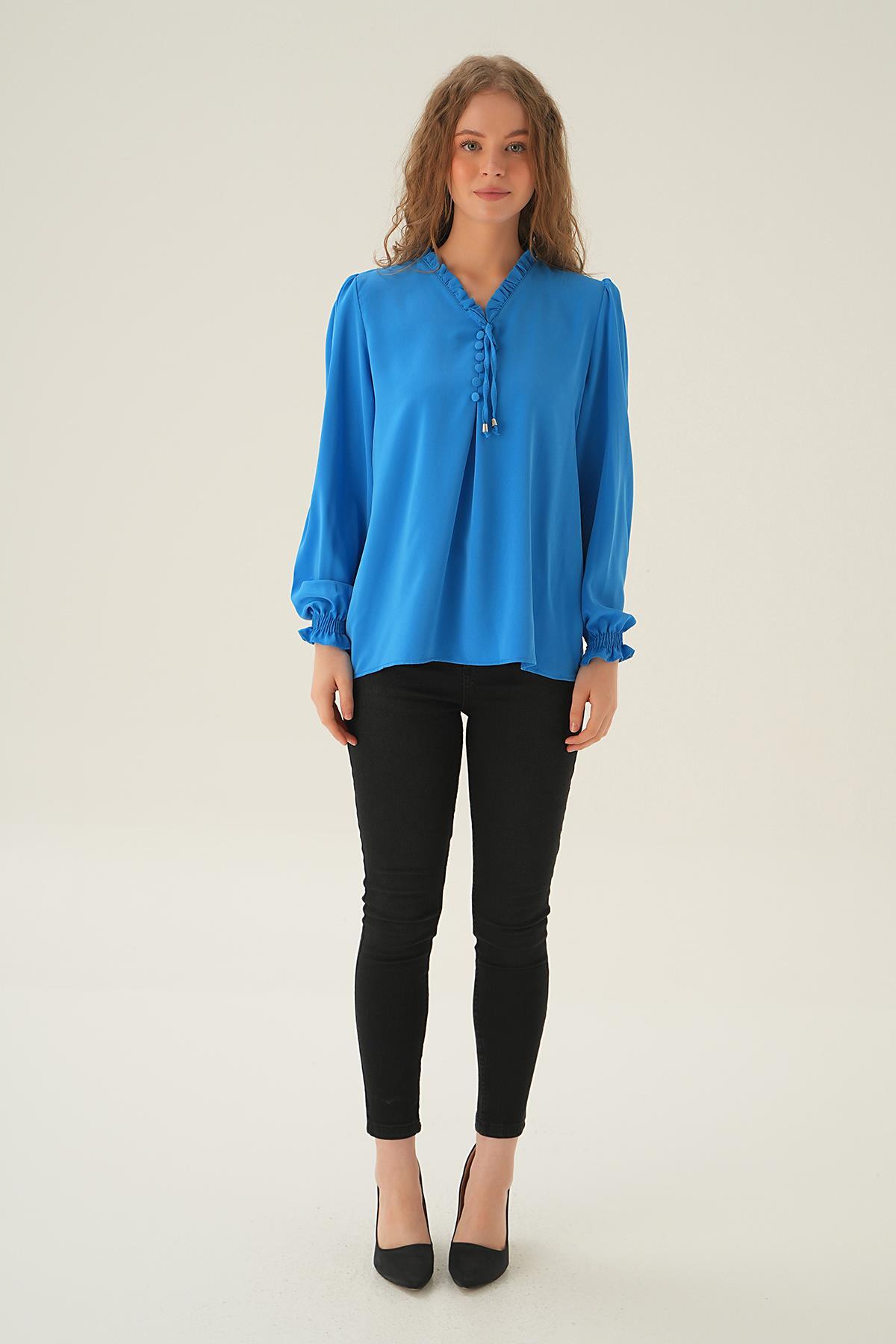 25541 Yaka Bağlamalı Bluz Mavi - 5