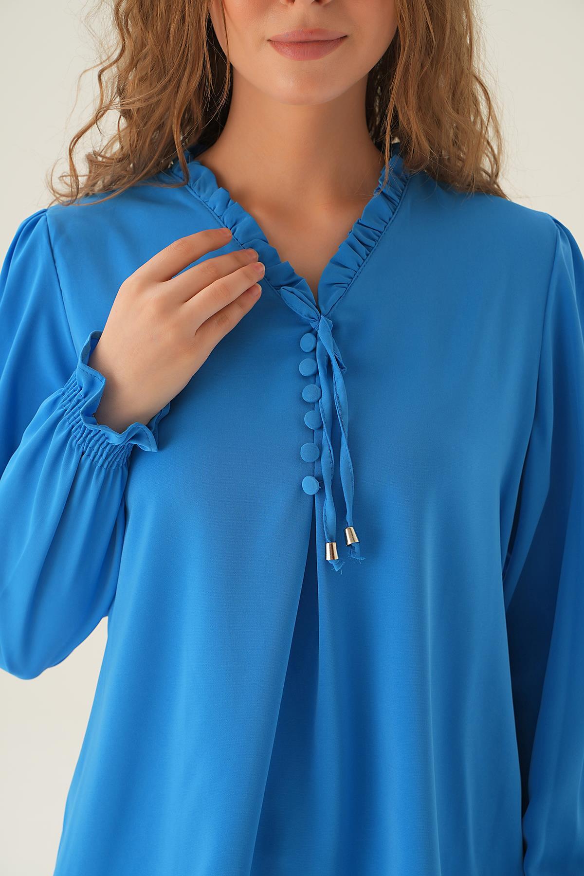 25541 Yaka Bağlamalı Bluz Mavi - 4