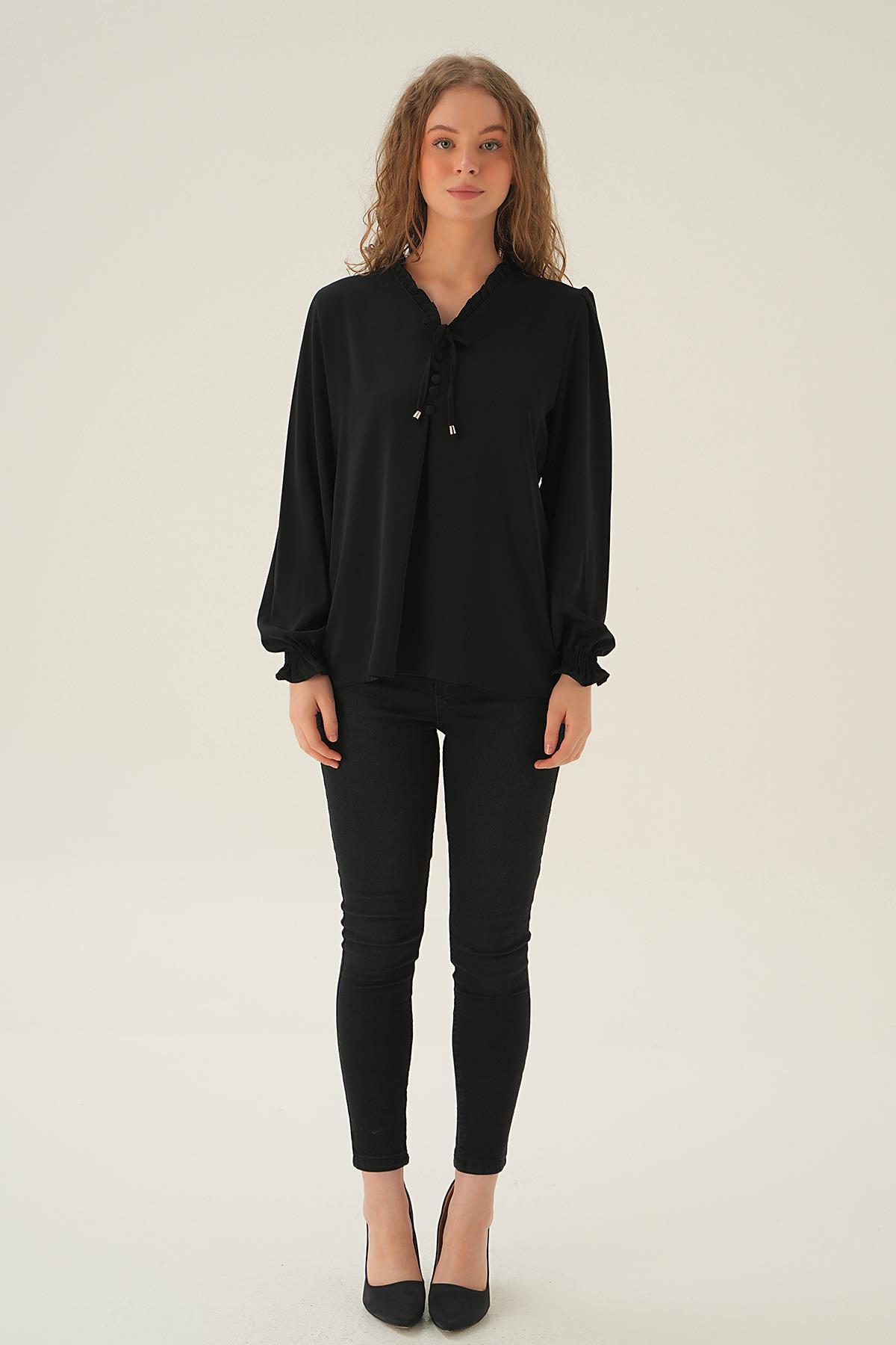 25541 Yaka Bağlamalı Bluz Siyah - 5