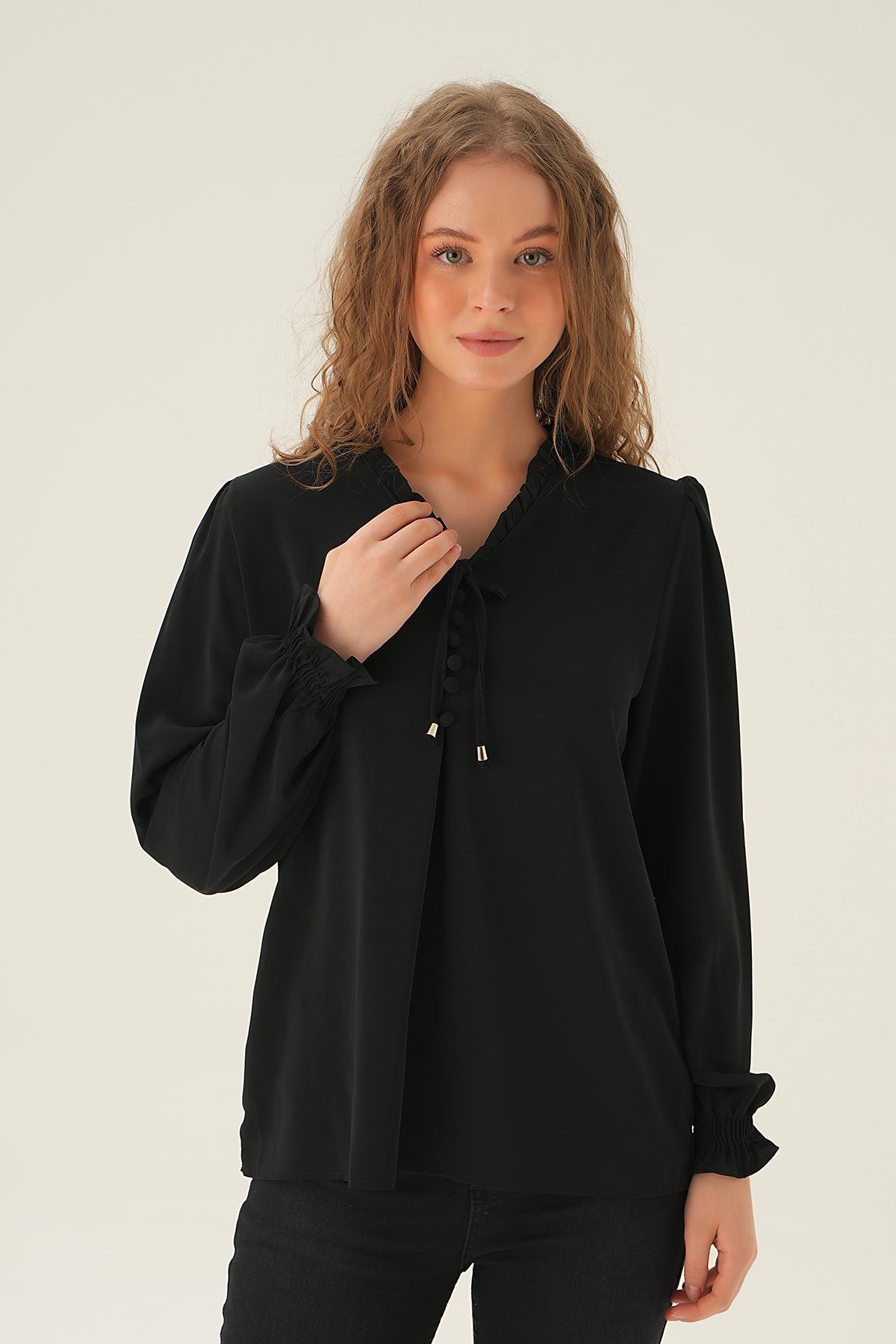 Siyah Yaka Bağlamalı Bluz 25541 - 1