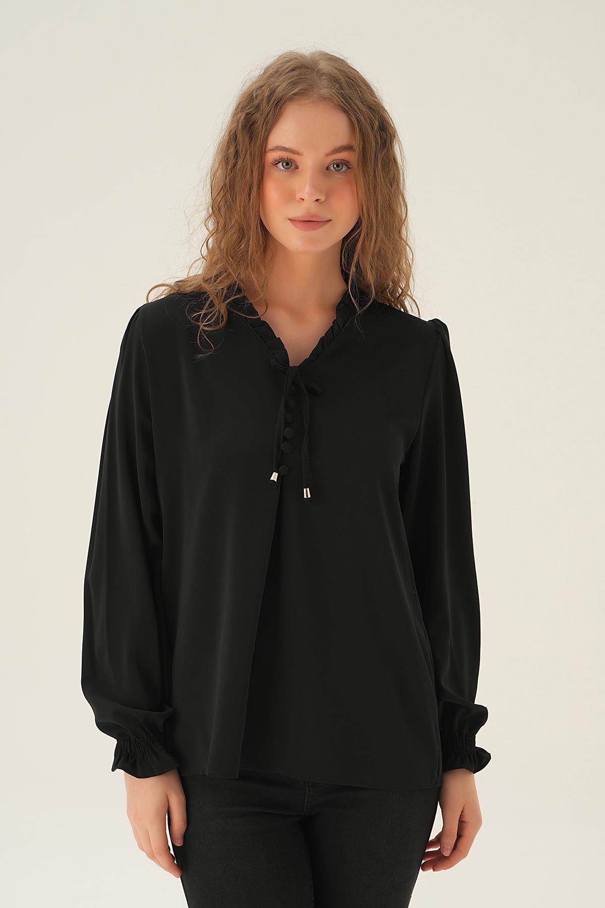 Siyah Yaka Bağlamalı Bluz 25541 - 2