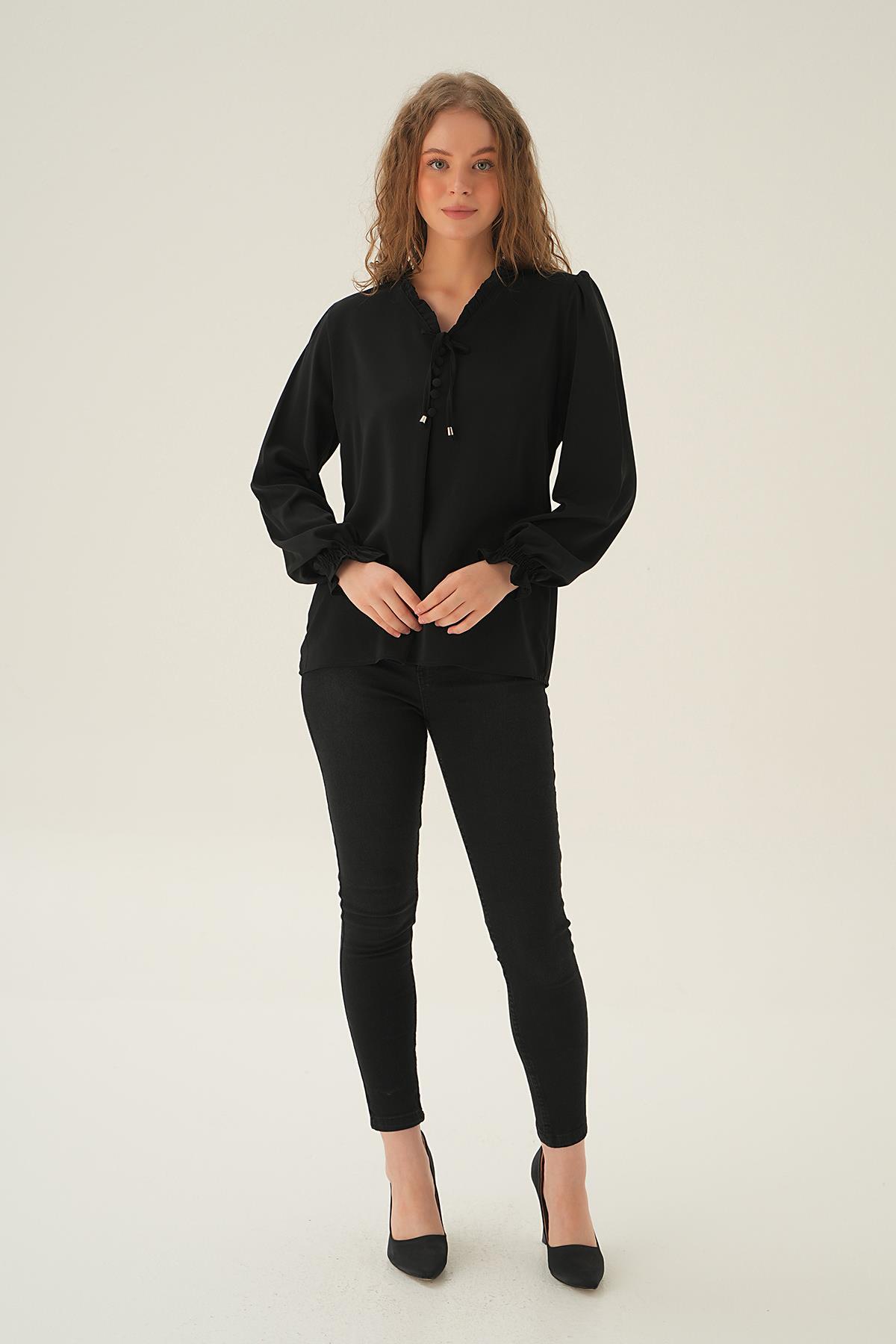 Siyah Yaka Bağlamalı Bluz 25541 - 6