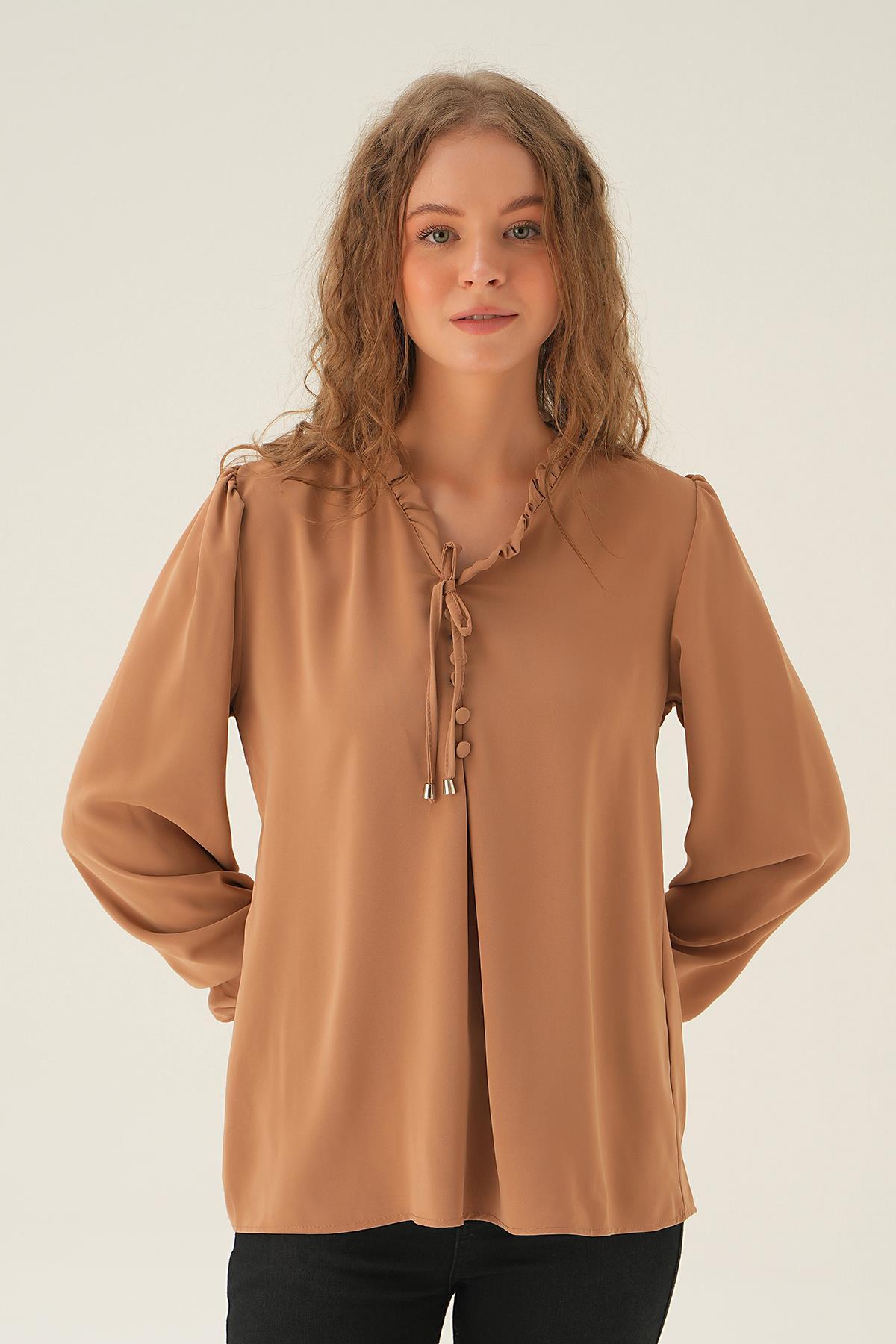 25541 Yaka Bağlamalı Bluz Vizon 