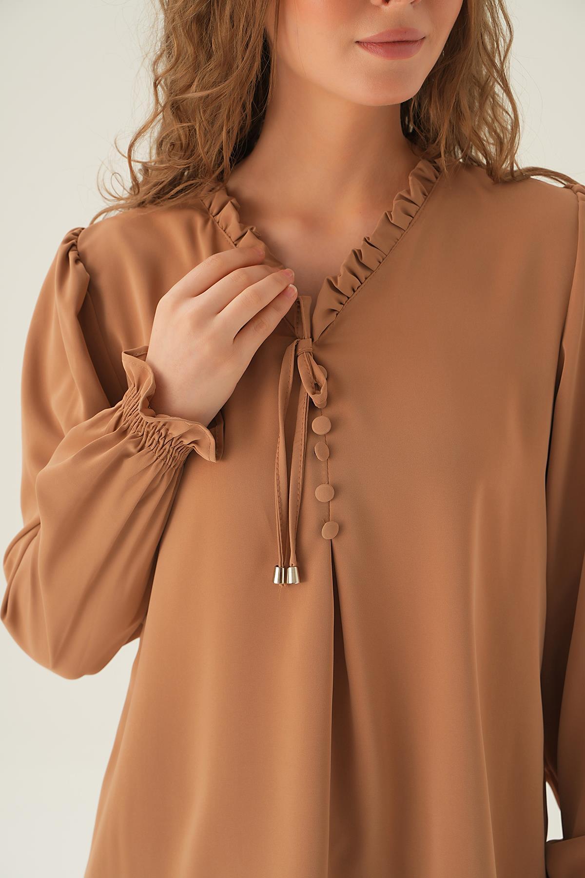 25541 Yaka Bağlamalı Bluz Vizon - 4