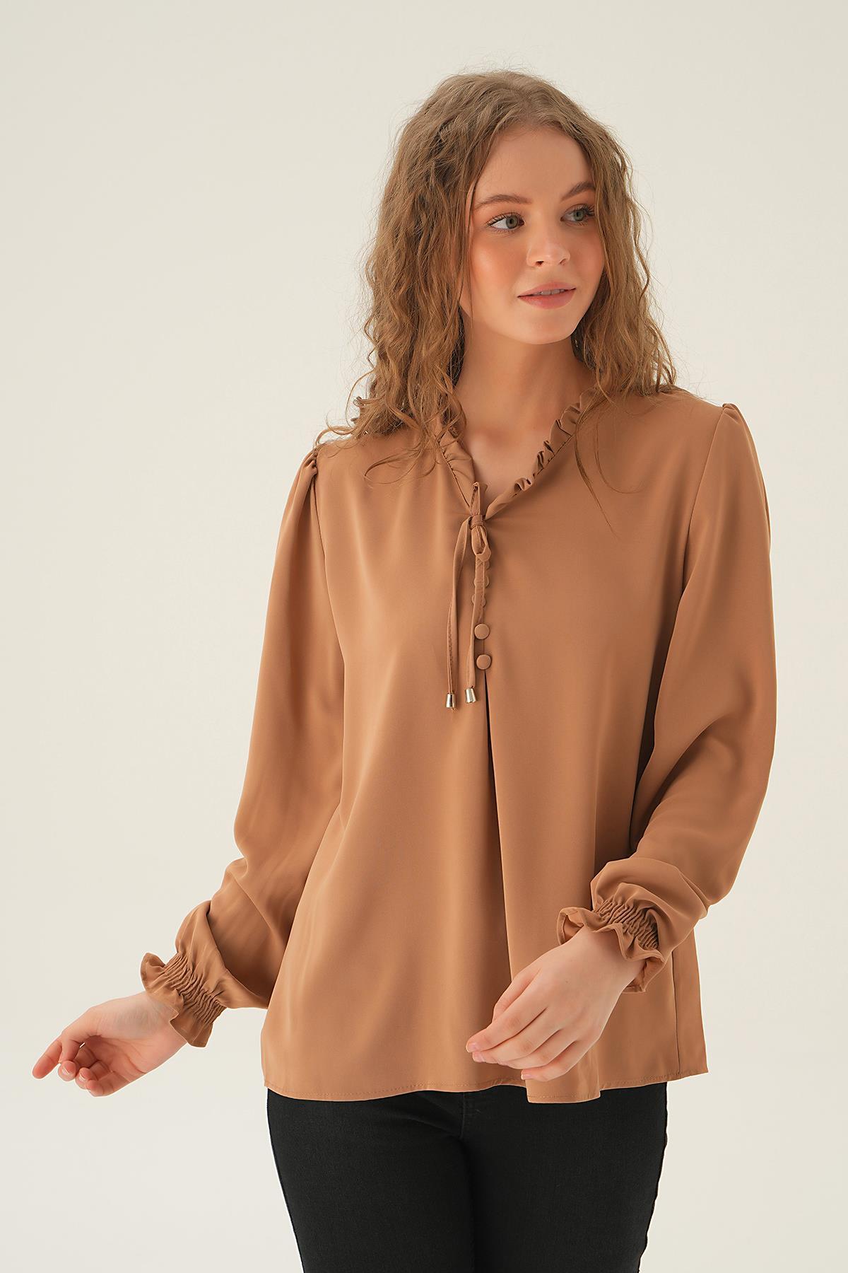 25541 Yaka Bağlamalı Bluz Vizon - 2