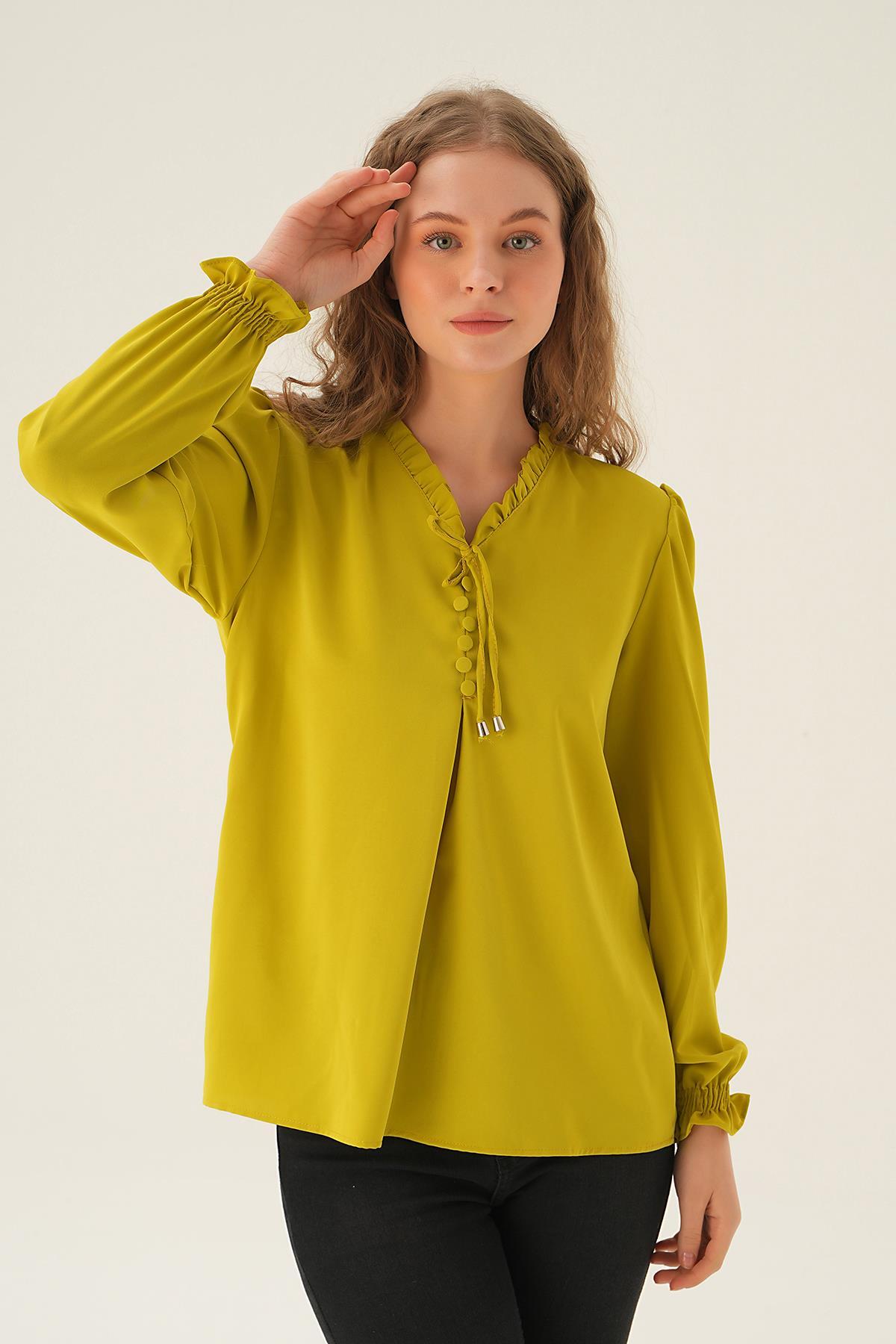 25541 Yaka Bağlamalı Bluz Yağ Yeşili - 2