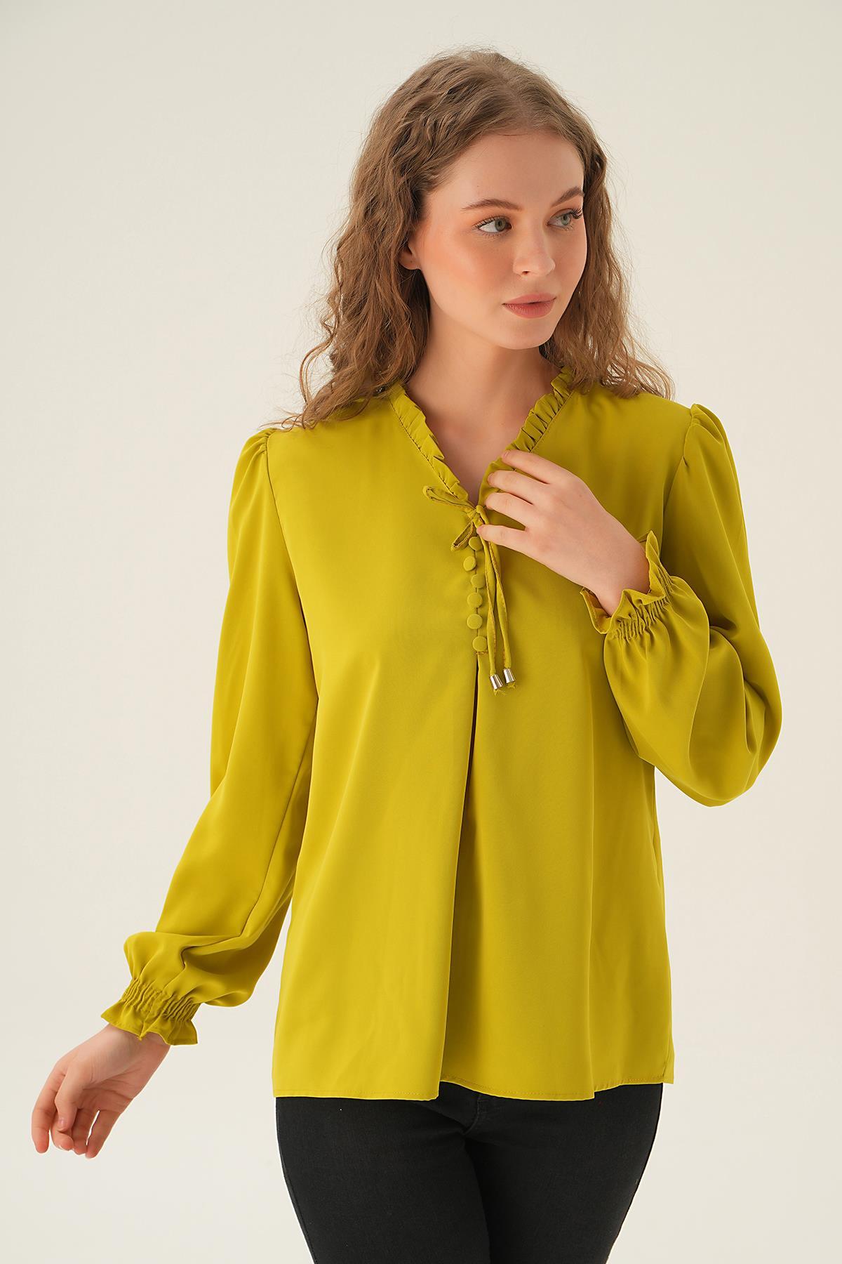 25541 Yaka Bağlamalı Bluz Yağ Yeşili - 1