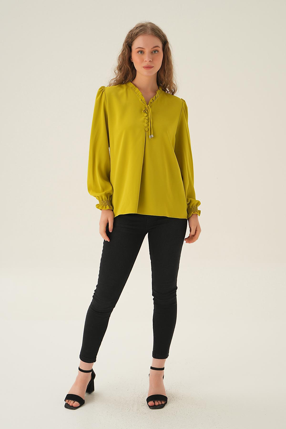 25541 Yaka Bağlamalı Bluz Yağ Yeşili - 6