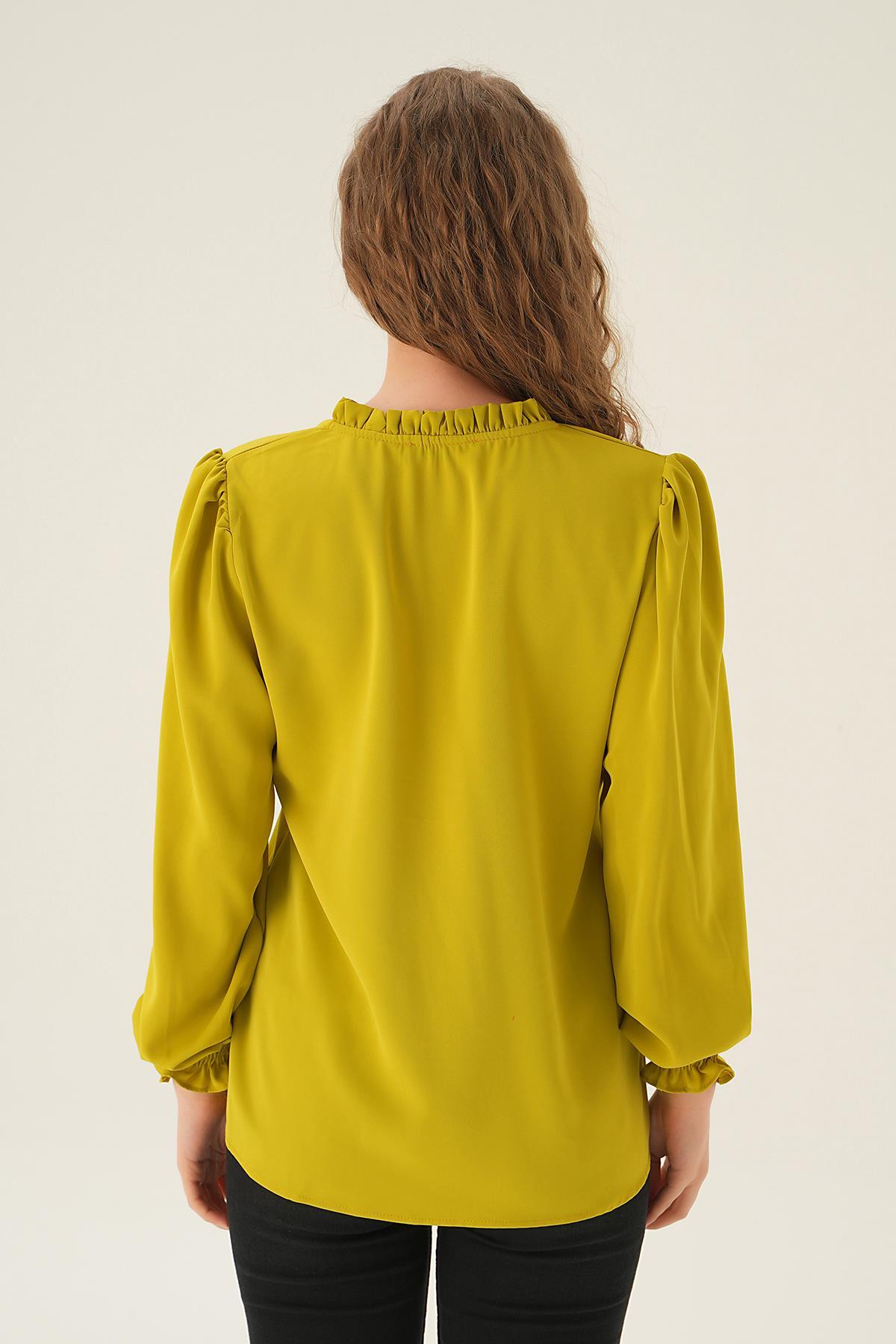 Yağ Yeşili Yaka Bağlamalı Bluz 25541 - 3