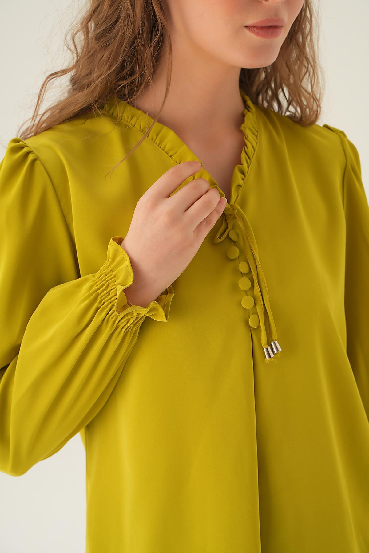 Yağ Yeşili Yaka Bağlamalı Bluz 25541 - 4