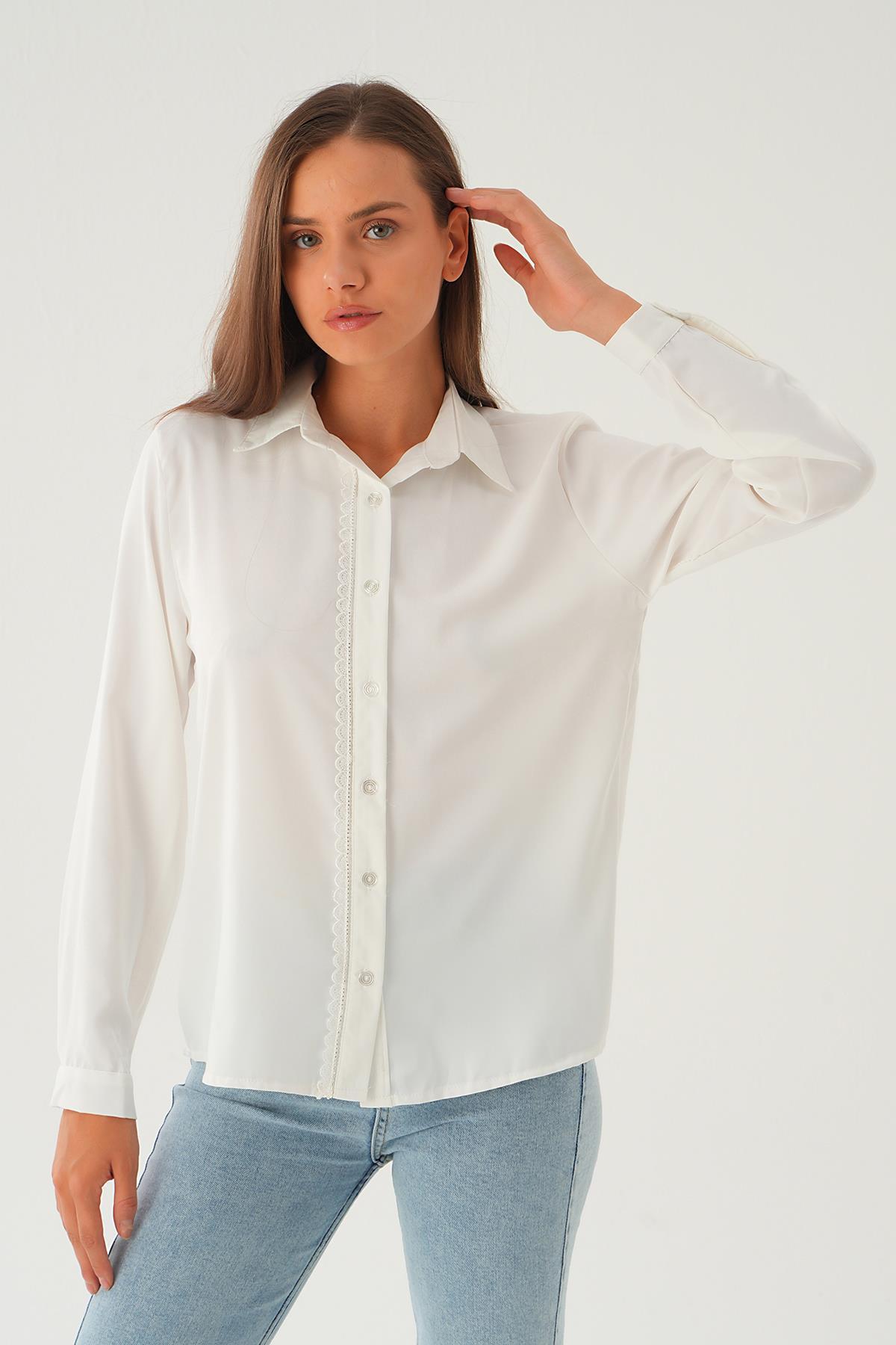 Krem Dantel Detay Klasik Gömlek 25545 - 1