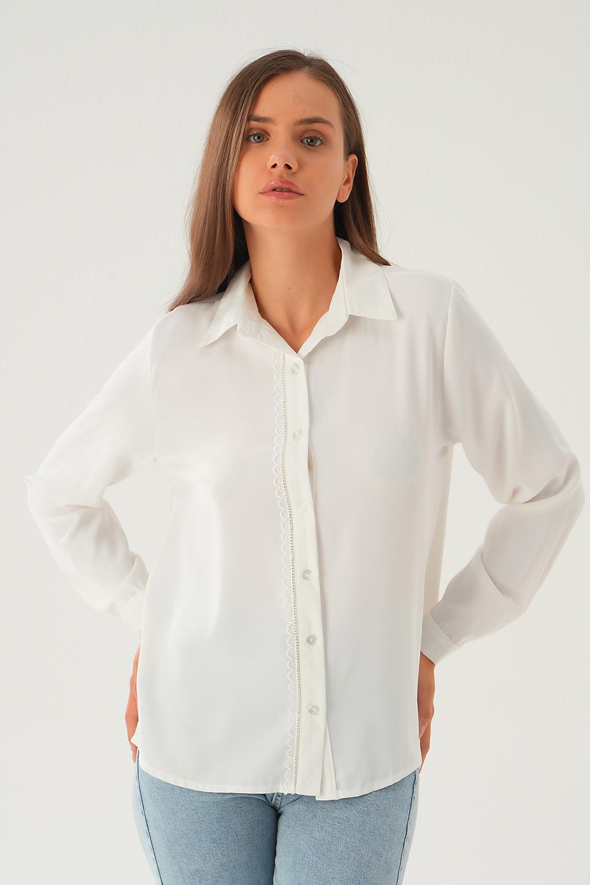 Krem Dantel Detay Klasik Gömlek 25545 - 2