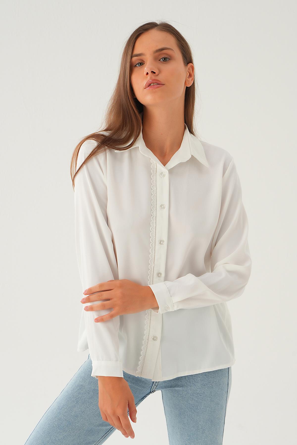 Krem Dantel Detay Klasik Gömlek 25545 - 3