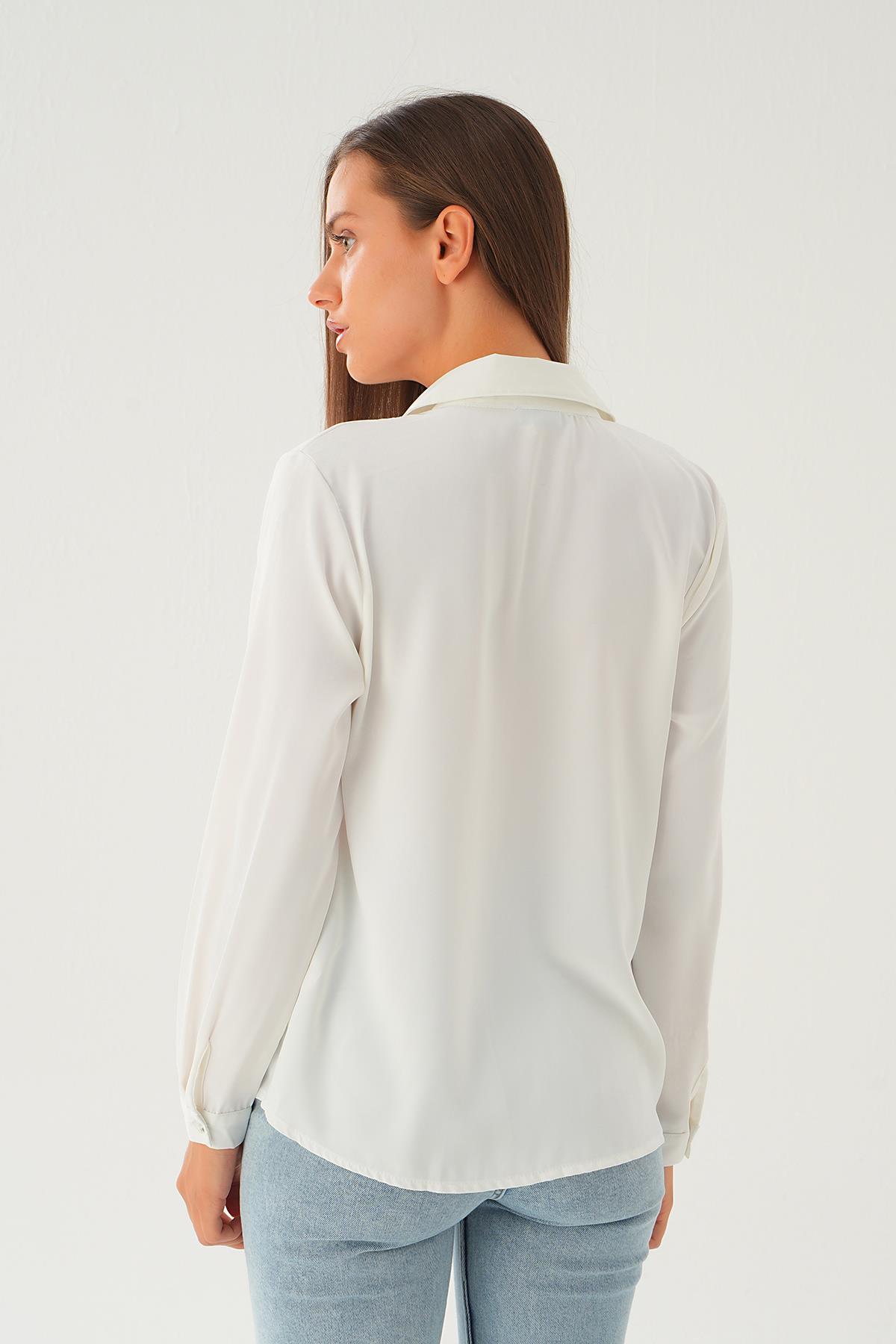 Krem Dantel Detay Klasik Gömlek 25545 - 4