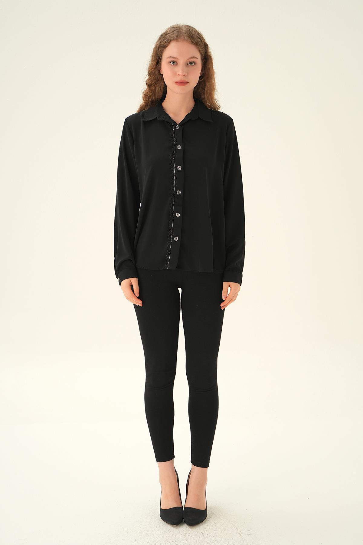 Siyah Dantel Detay Klasik Gömlek 25545 - 2