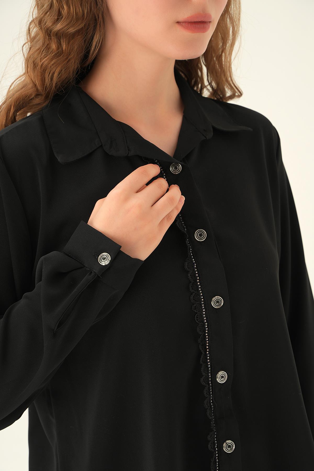 Siyah Dantel Detay Klasik Gömlek 25545 - 6