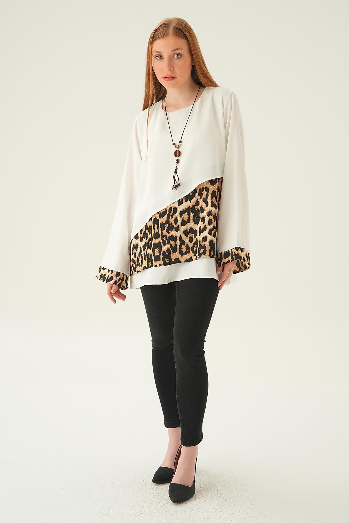 Krem Leopar Detay Bluz 25548 - 5