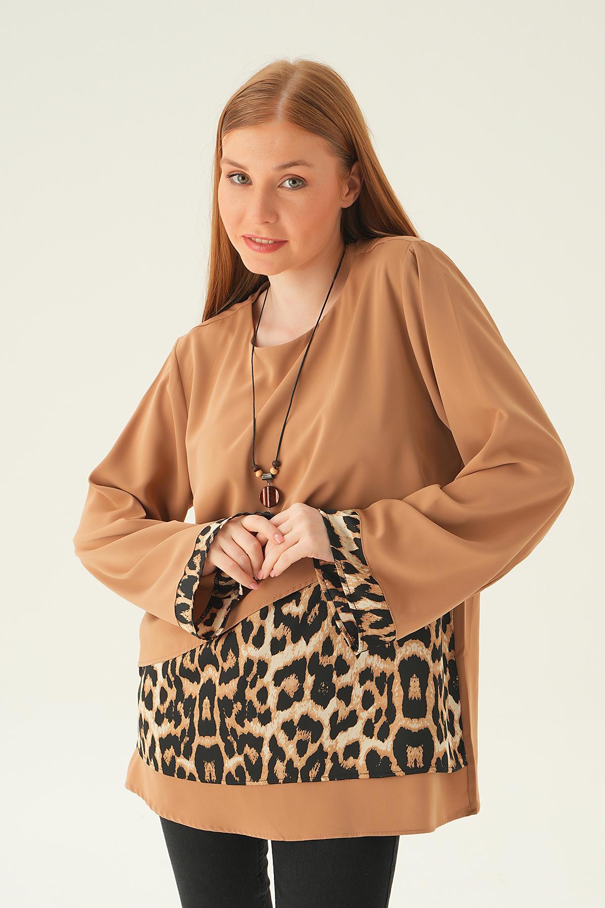 25548 Leopar Detay Bluz Vizon - 3