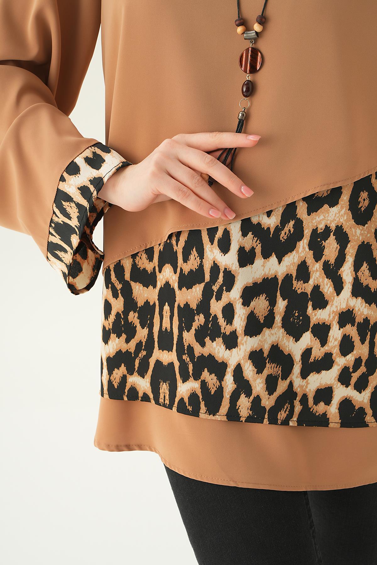 25548 Leopar Detay Bluz Vizon - 5