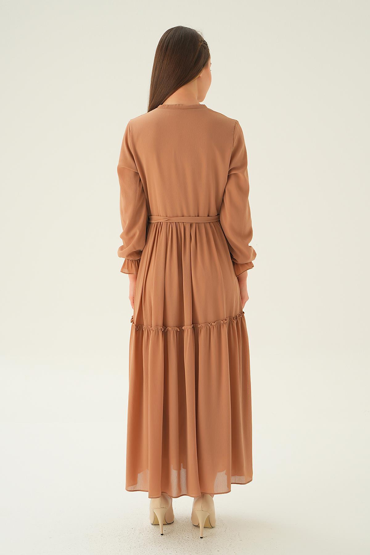 2562 Fırfırlı Uzun Elbise Bej - 5