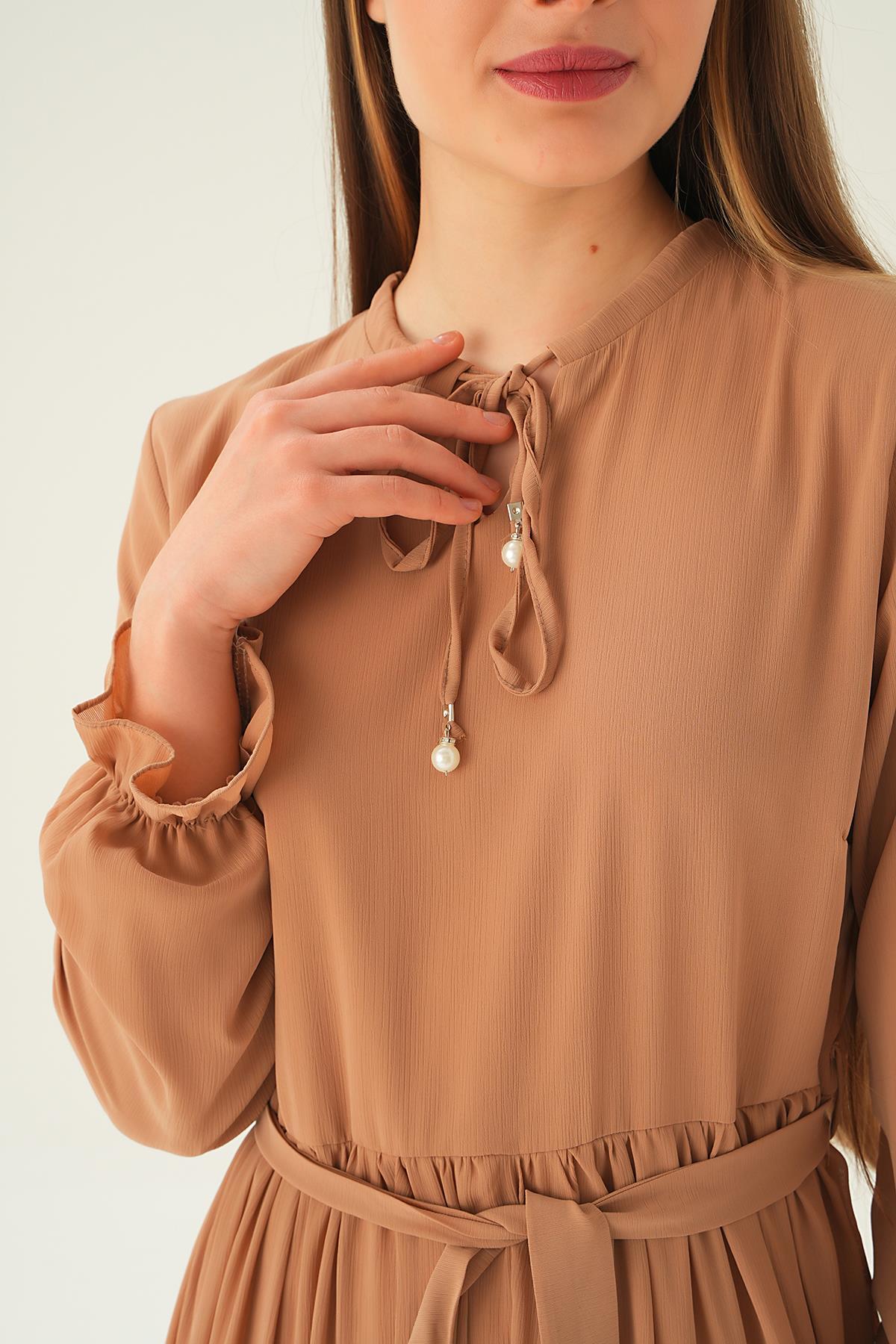 2562 Fırfırlı Uzun Elbise Bej - 6