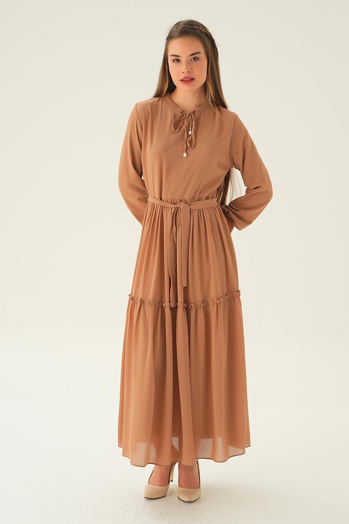 Bej Fırfırlı Uzun Elbise 2562 - 2